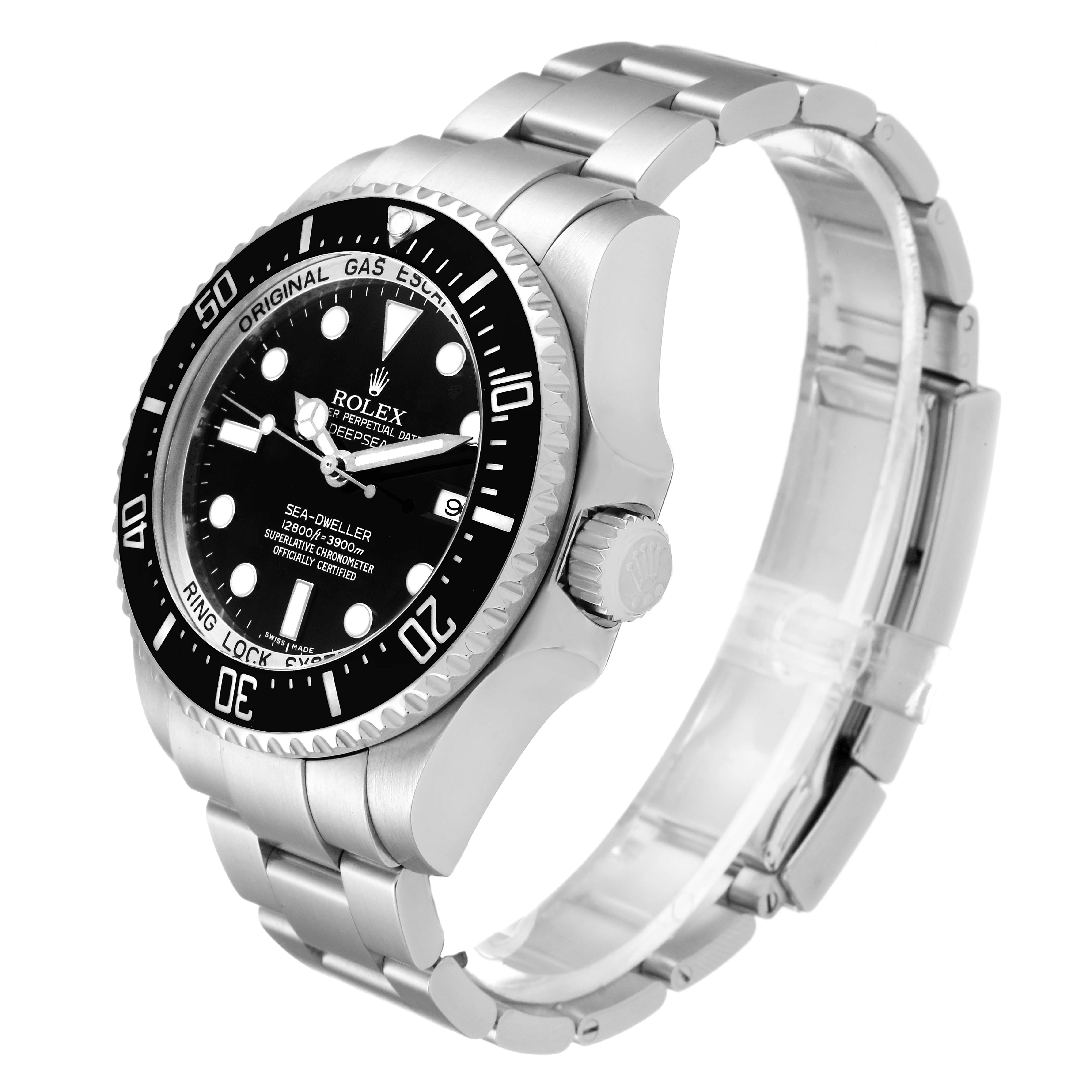 The image shows a Rolex Sea-Dweller 116660 Men
s Stainless Steel Black Dial 116660 Men
s Stainless Steel Black Dial watch at a 3/4 angle, highlighting its face, bezel, crown, and part of the bracelet.