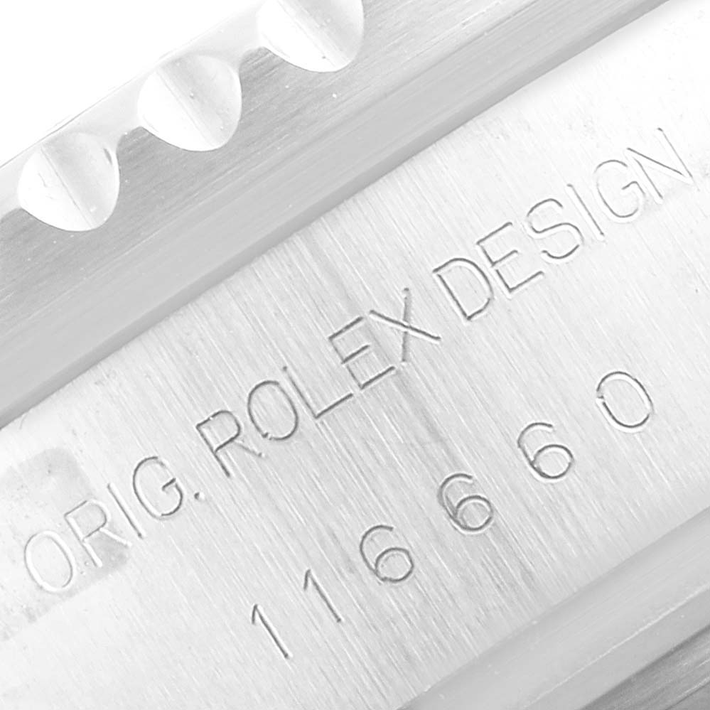 The image shows a close-up of the engraved side of the Rolex Sea-Dweller 116660 Men
s Stainless Steel Black Dial 116660 Men
s Stainless Steel Black Dial model with its design number 116660.
