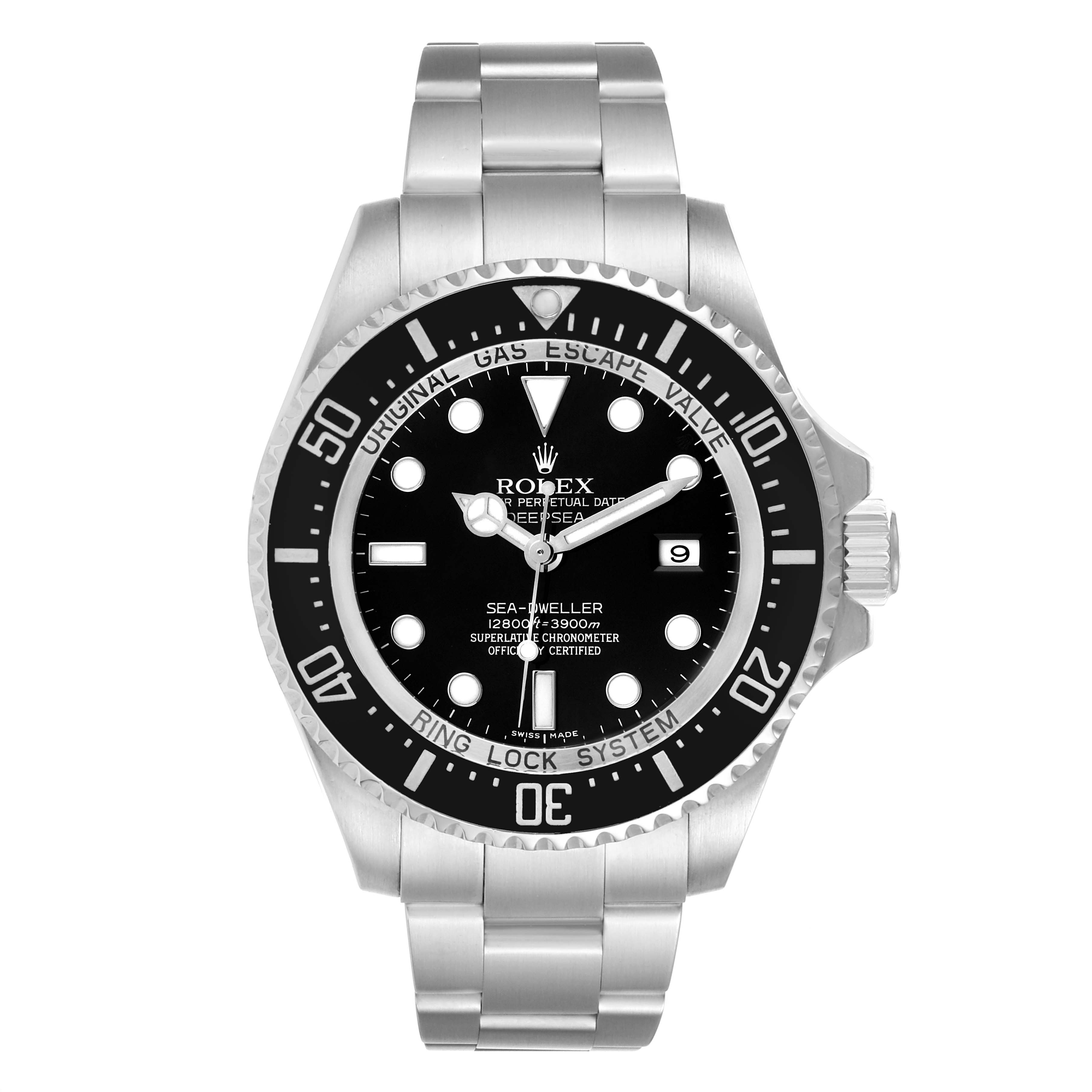 This image shows a front view of the Rolex Sea-Dweller 116660 Men
s Stainless Steel Black Dial 116660 Men
s Stainless Steel Black Dial watch, highlighting its dial, bezel, and bracelet.