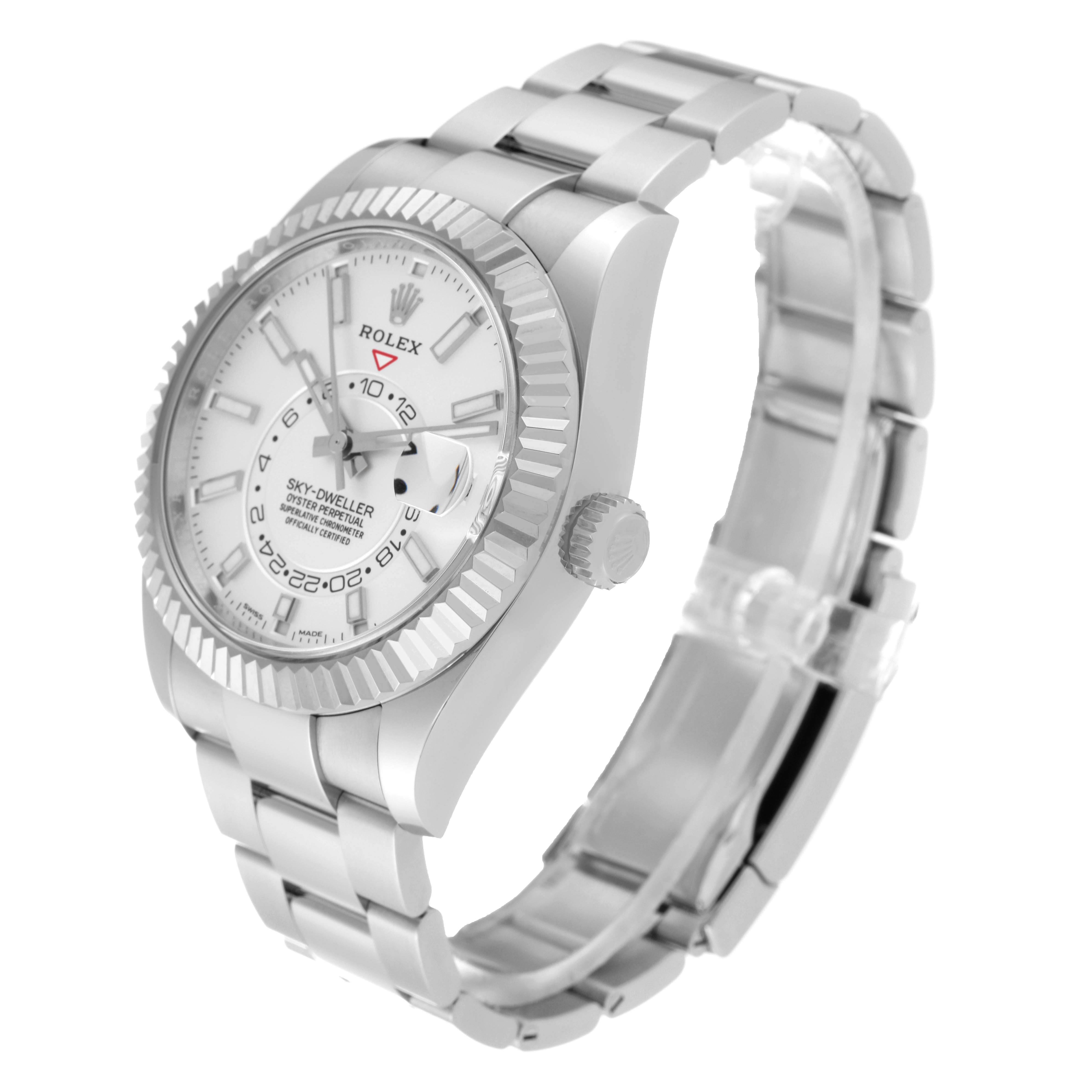 The Rolex Sky-Dweller 326934 Men's Stainless Steel Silver Dial 326934 Men's Stainless Steel Silver Dial watch is shown from a three-quarter angle, displaying the face, bezel, crown, and bracelet.