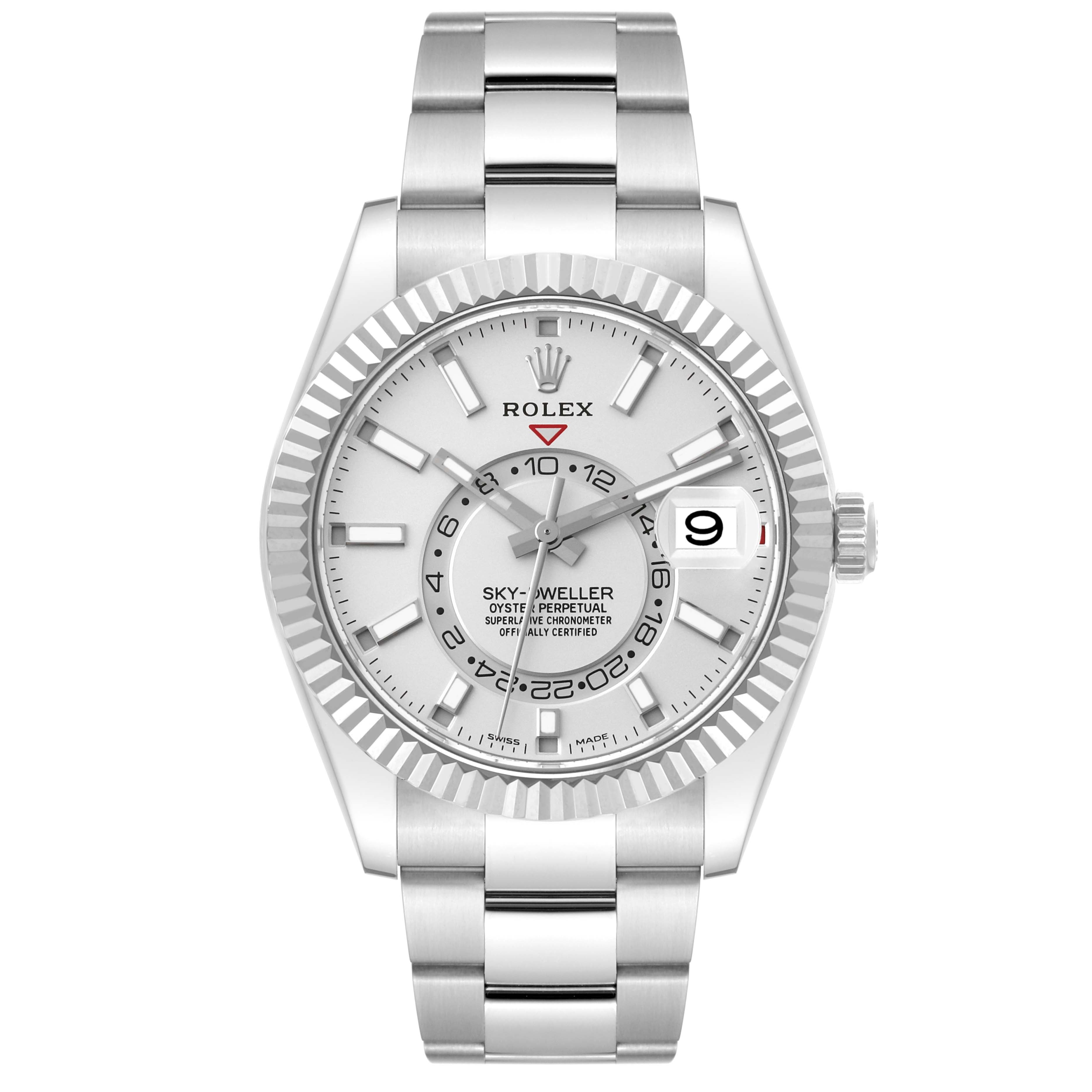 The image shows a front view of the Rolex Sky-Dweller 326934 Men's Stainless Steel Silver Dial 326934 Men's Stainless Steel Silver Dial watch, highlighting the face, bezel, and bracelet.