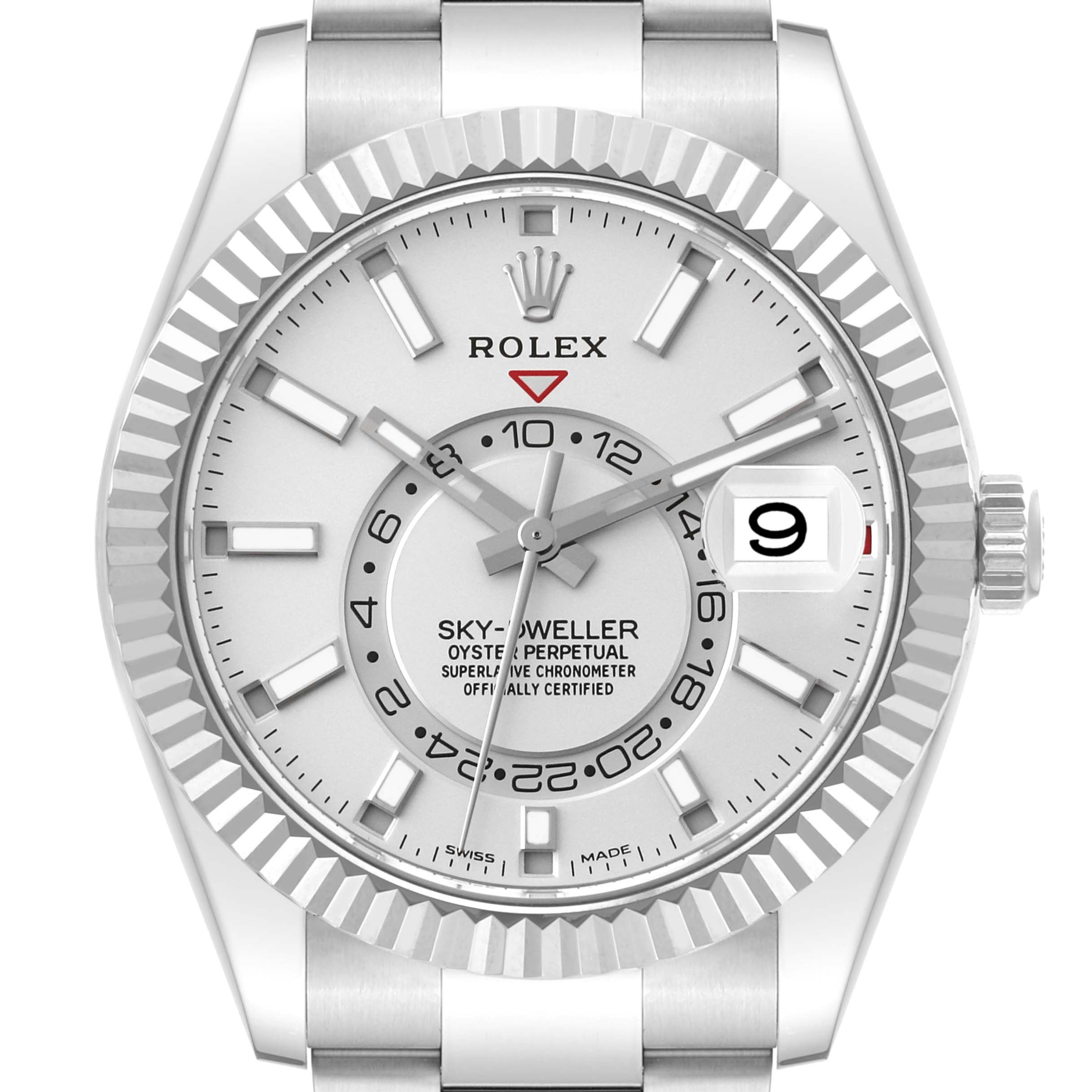 The image shows a frontal view of the Rolex Sky-Dweller 326934 Men's Stainless Steel Silver Dial 326934 Men's Stainless Steel Silver Dial watch, displaying its dial, bezel, and part of the bracelet.