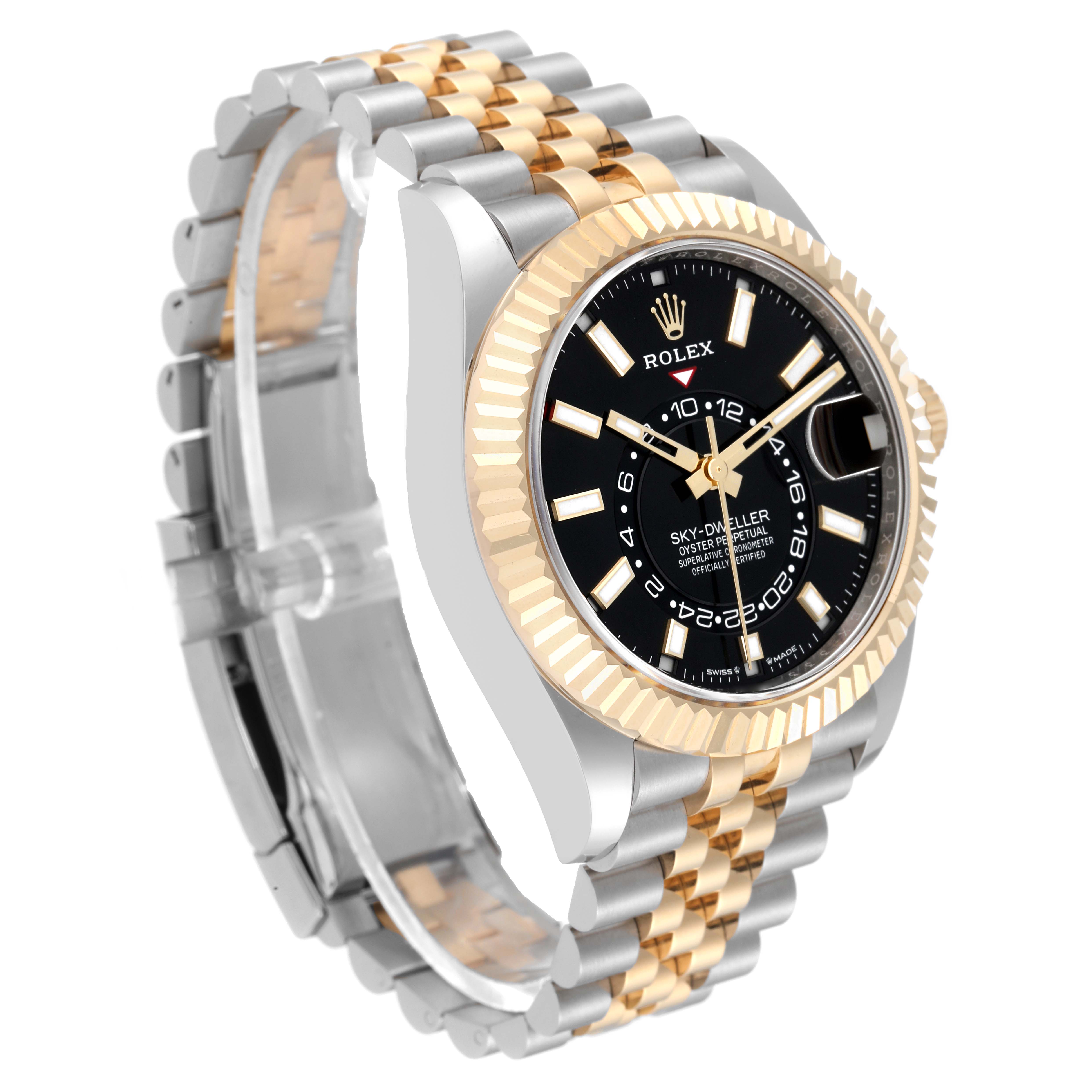 The image shows a Rolex Sky-Dweller 336933 Men's Steel and Gold (two tone) Black Dial from a side angle, highlighting the gold bezel, two-tone bracelet, and black dial.