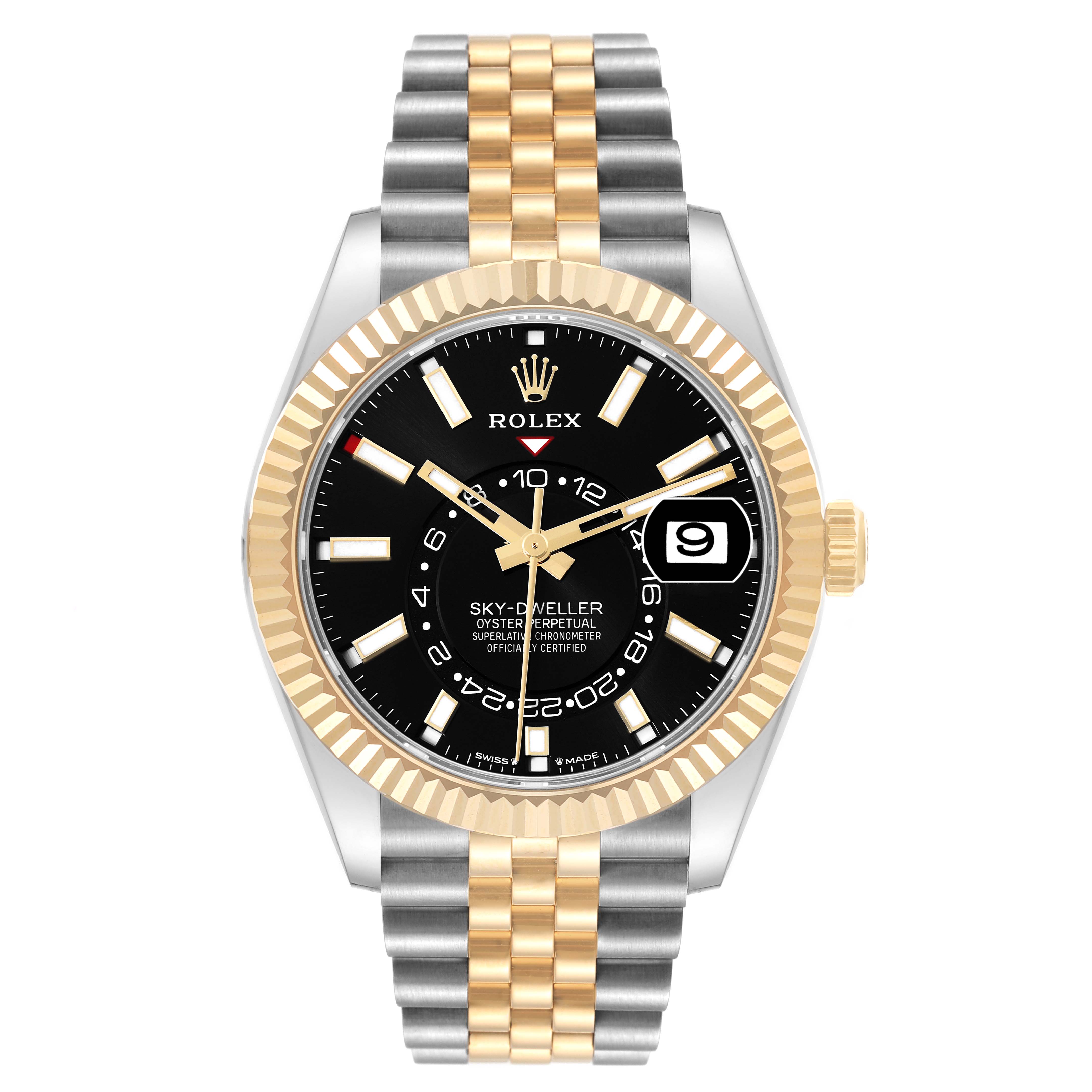 The Rolex Sky-Dweller 336933 Men's Steel and Gold (two tone) Black Dial watch is shown from the front, highlighting its black dial, gold fluted bezel, and two-tone bracelet.