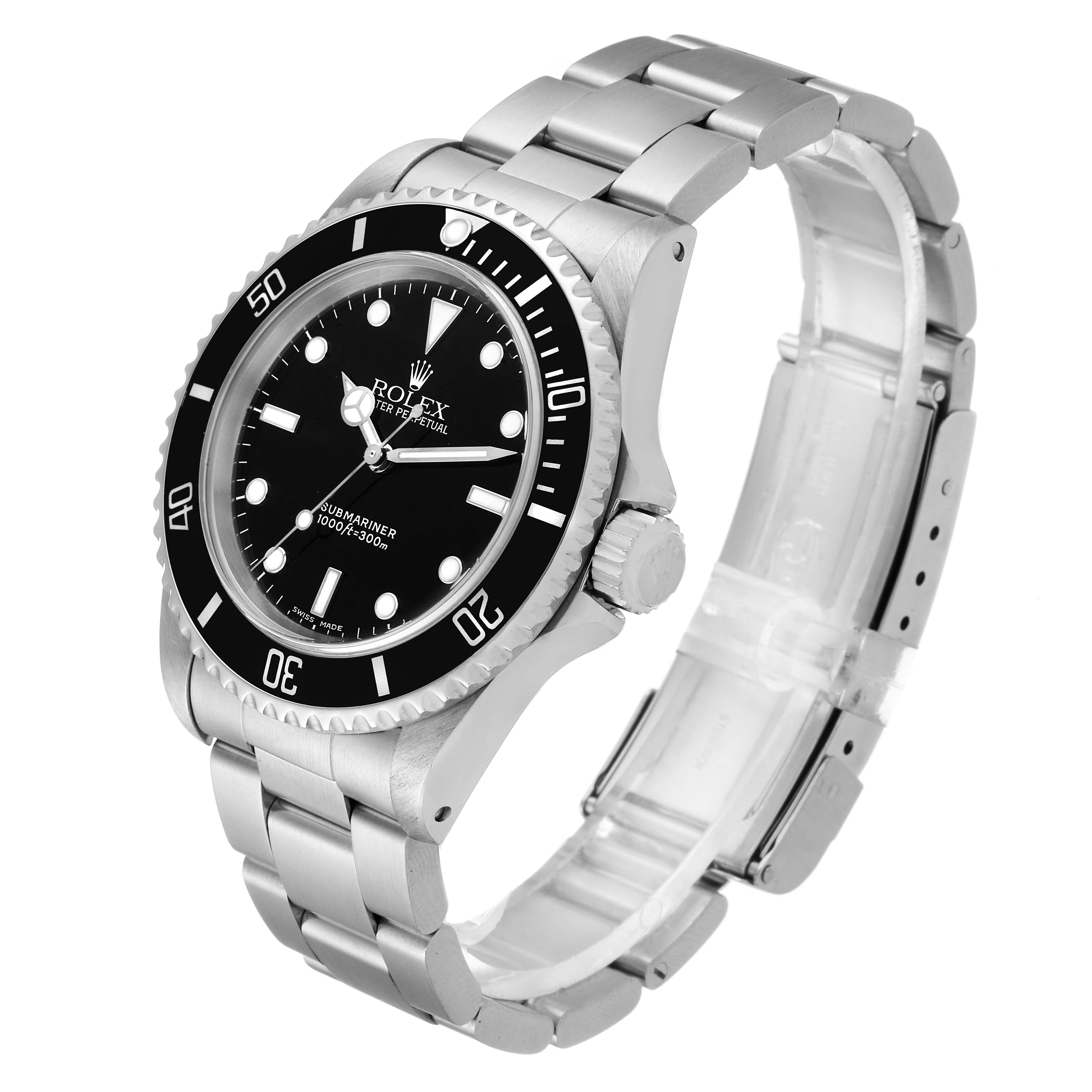 The image shows a Rolex Submariner 14060 Men's Stainless Steel Black Dial 14060 Men's Stainless Steel Black Dial watch angled from the front right, displaying the face, bezel, crown, and part of the bracelet.
