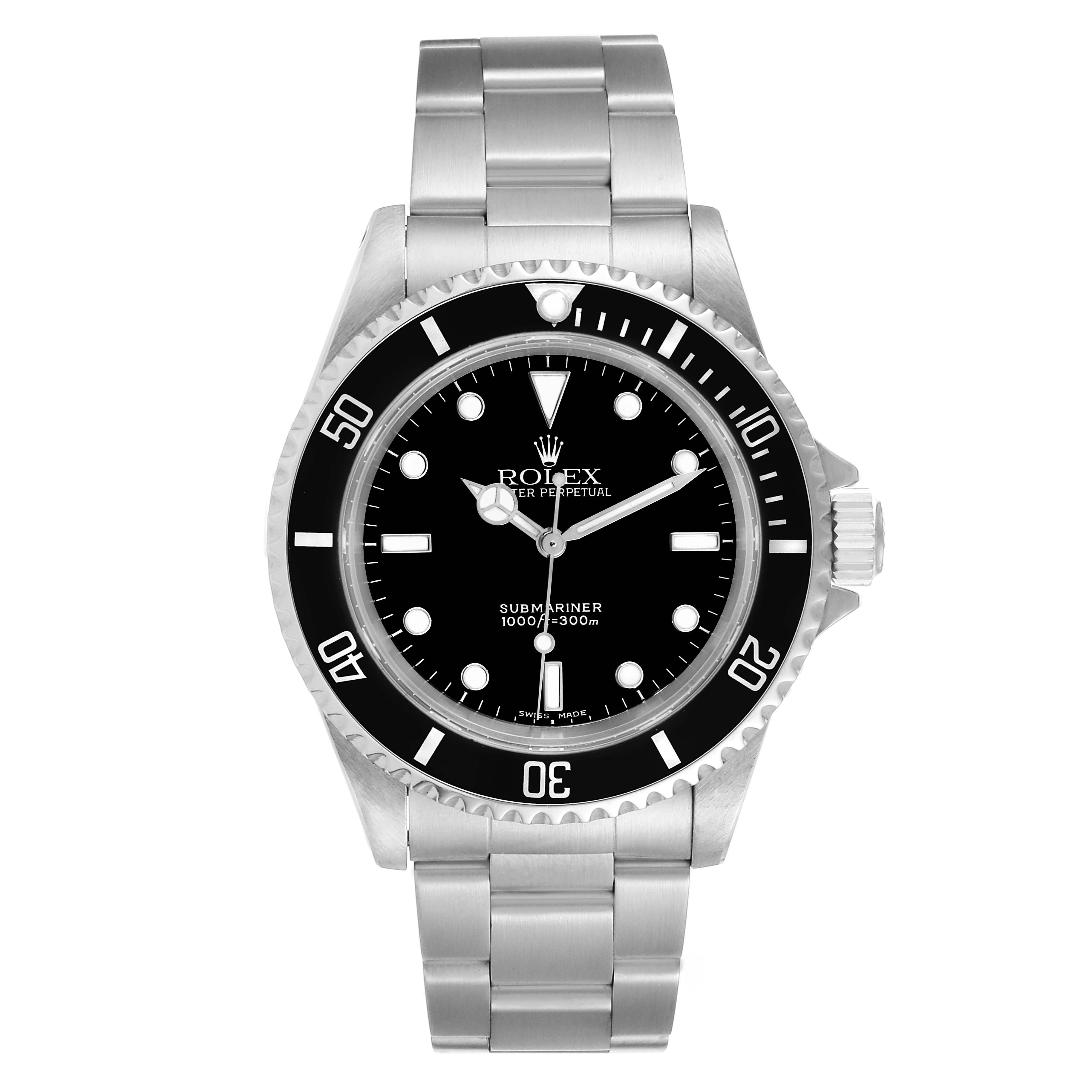 This image shows a front view of the Rolex Submariner 14060 Men's Stainless Steel Black Dial 14060 Men's Stainless Steel Black Dial watch, highlighting its dial, bezel, and stainless steel bracelet.
