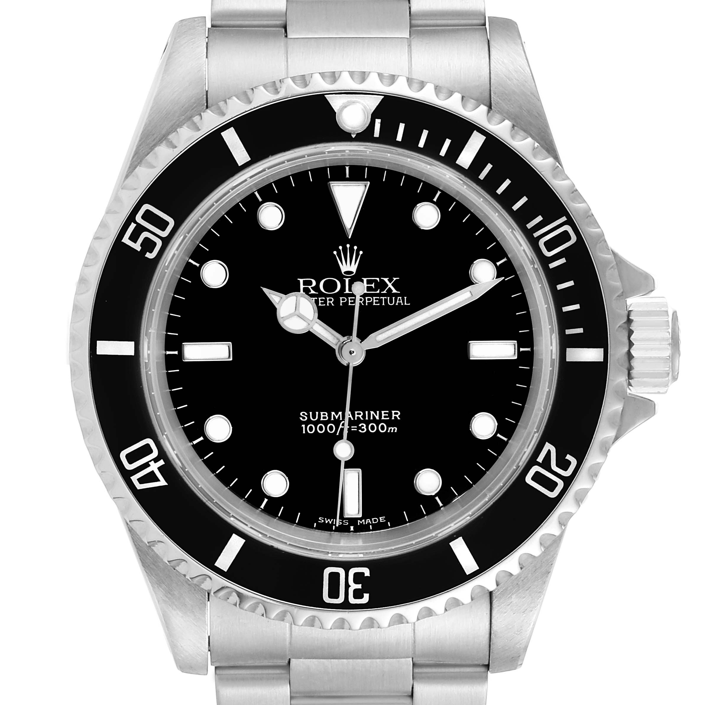This is a front view of the Rolex Submariner 14060 Men's Stainless Steel Black Dial 14060 Men's Stainless Steel Black Dial watch, showing its dial, bezel, crown, and part of the bracelet.