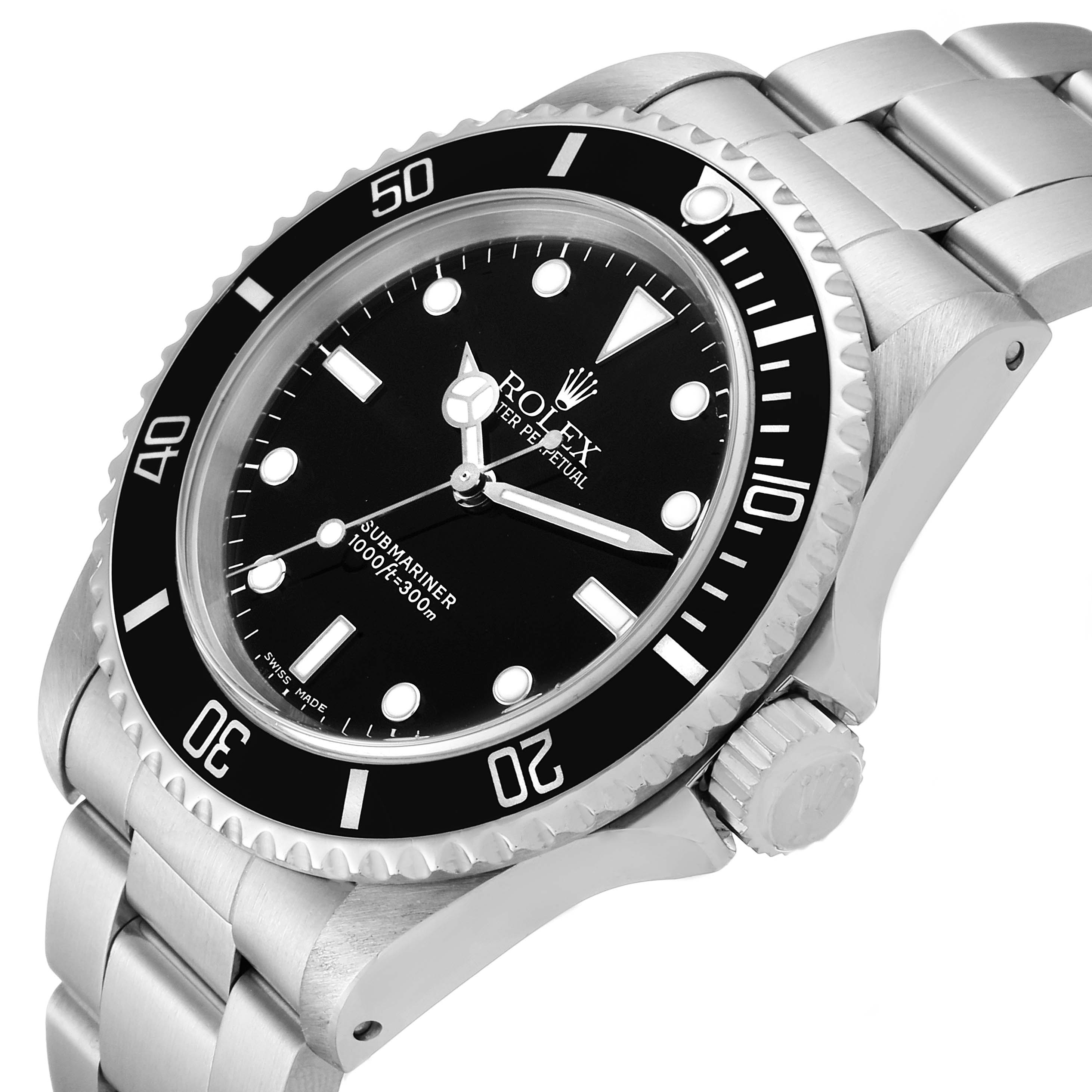 The Rolex Submariner 14060 Men's Stainless Steel Black Dial 14060 Men's Stainless Steel Black Dial watch is shown at a slight angle, highlighting its face, bezel, crown, and stainless steel bracelet.