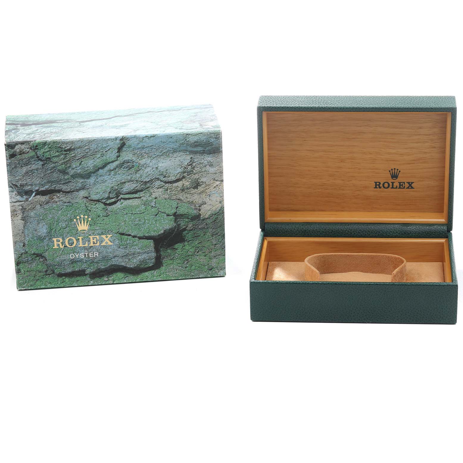 The image shows a Rolex Submariner 16610 Men's Stainless Steel Black Dial watch box and a textured outer box, both open to display the interior packaging.