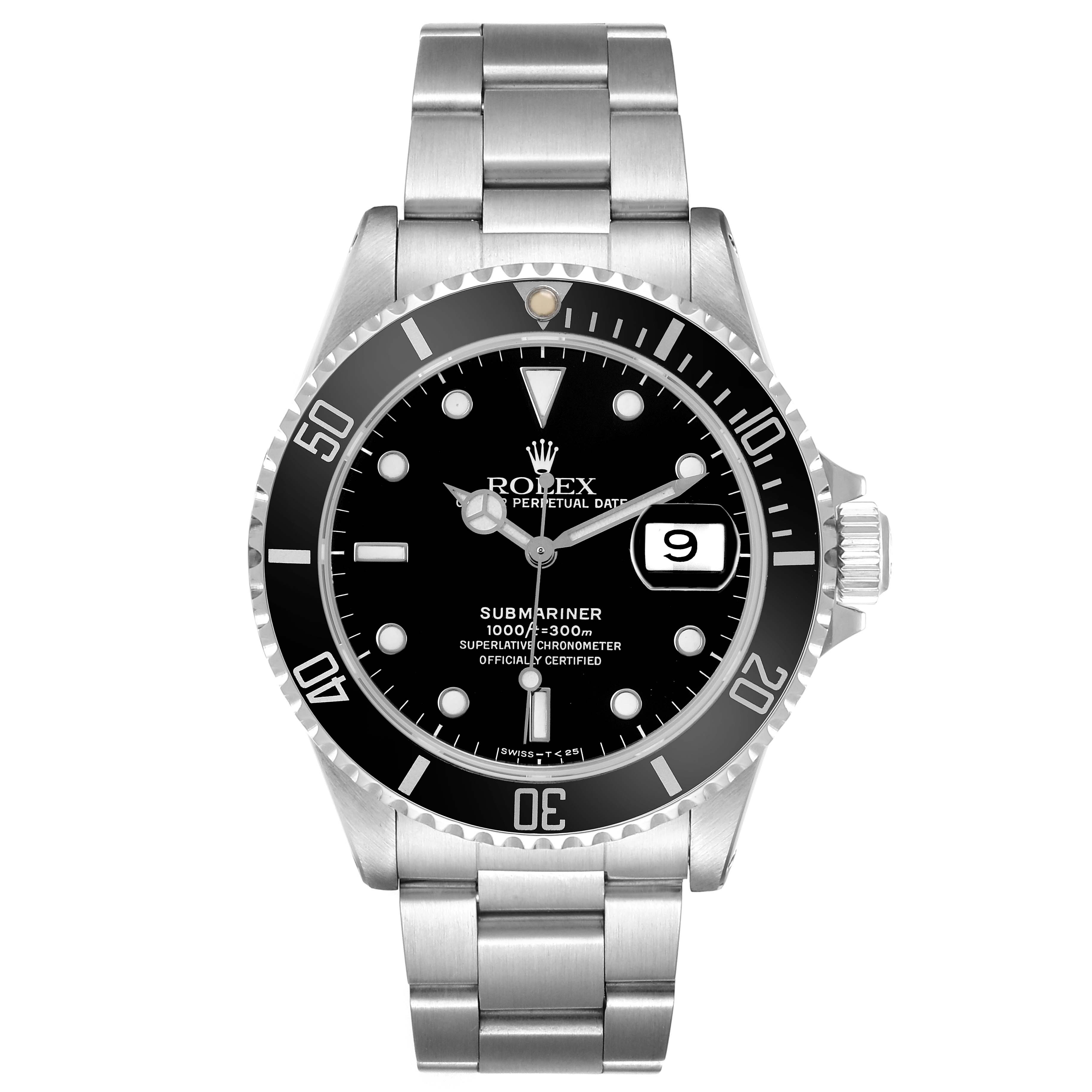 The image shows the Rolex Submariner 16610 Men's Stainless Steel Black Dial watch from a top-down angle, displaying the face, bezel, and bracelet.