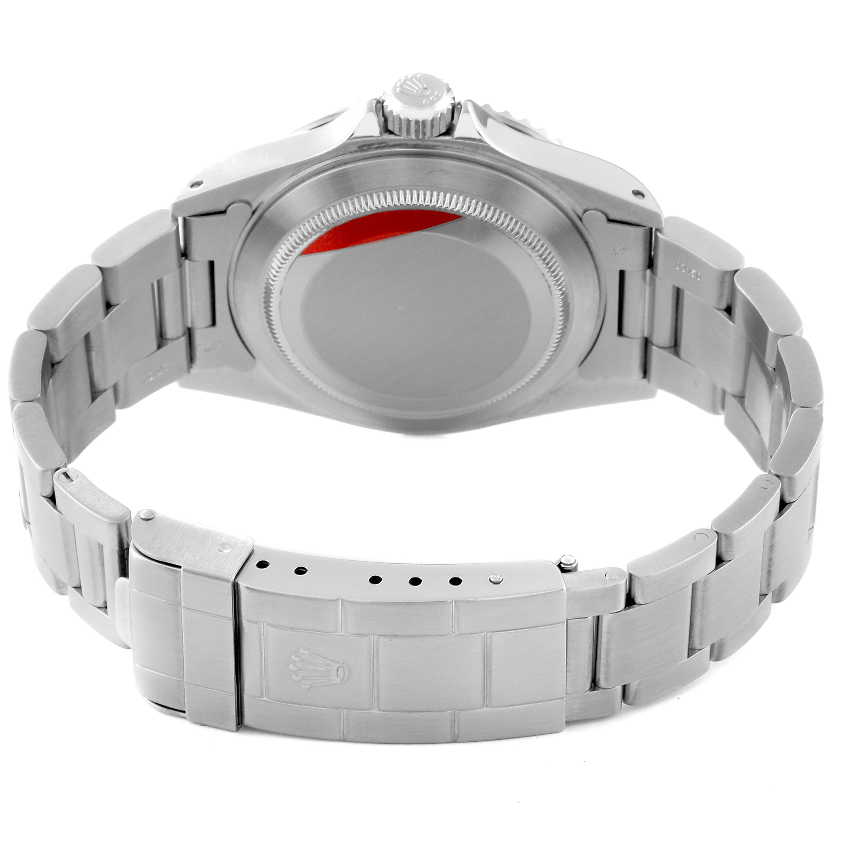 This image shows the back case and bracelet, including the clasp, of a Rolex Submariner 14060 Men
s Stainless Steel Black Dial 14060 Men
s Stainless Steel Black Dial watch.