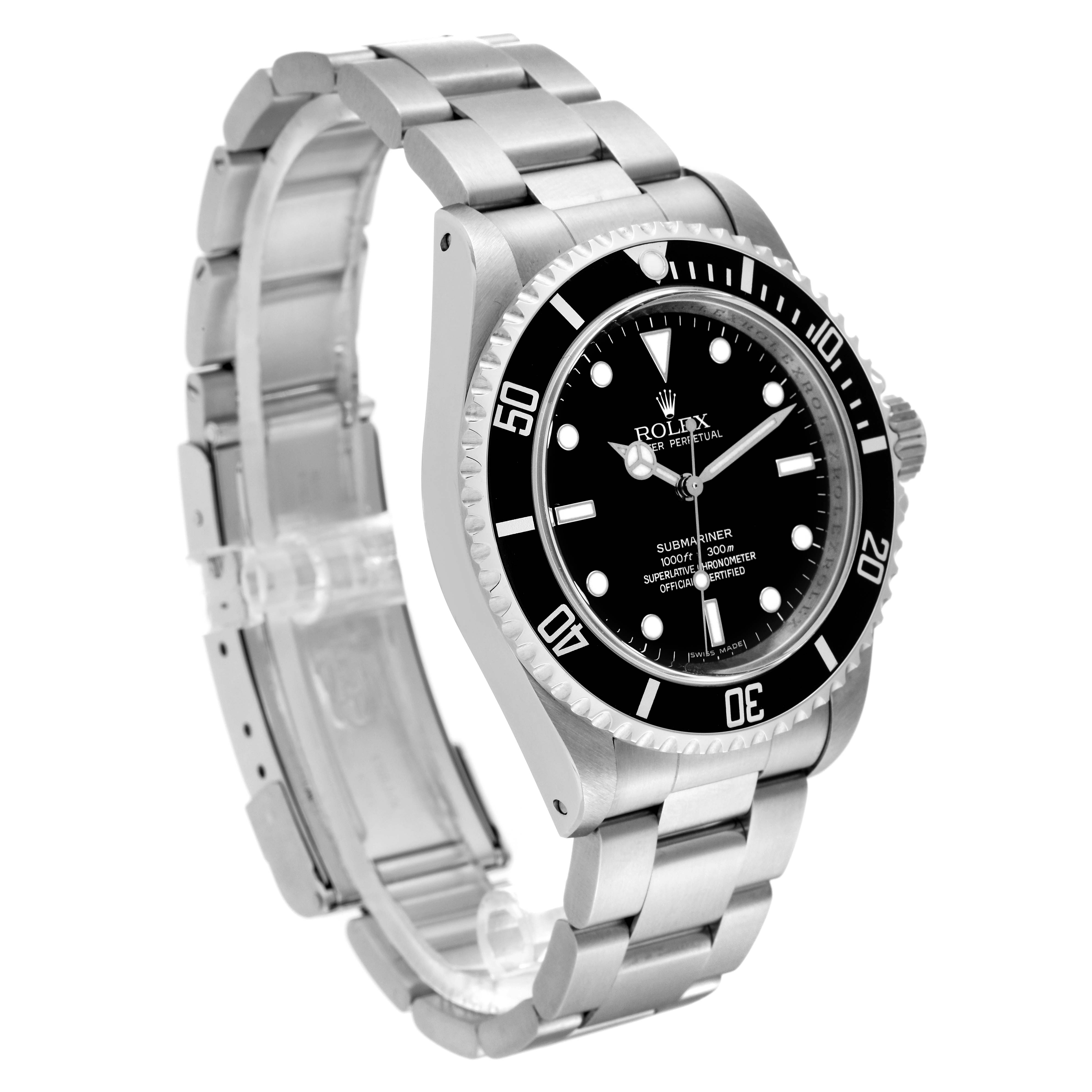 This image shows a Rolex Submariner 14060 Men
s Stainless Steel Black Dial 14060 Men
s Stainless Steel Black Dial watch at a slight angle, depicting the face, bezel, bracelet, and part of the clasp.