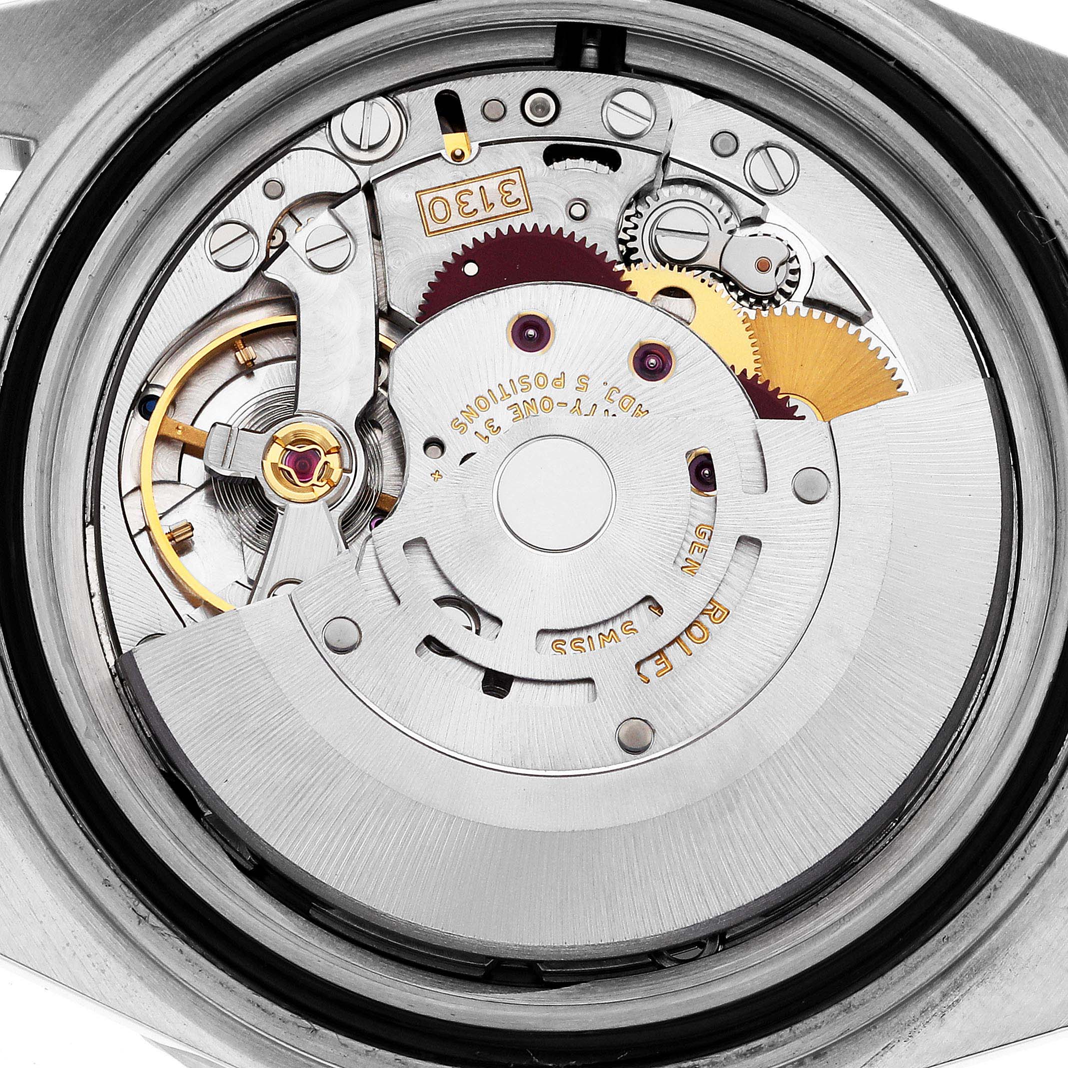 This image shows the intricate internal mechanism of a Rolex Submariner 14060 Men
s Stainless Steel Black Dial 14060 Men
s Stainless Steel Black Dial watch, viewed from the back.