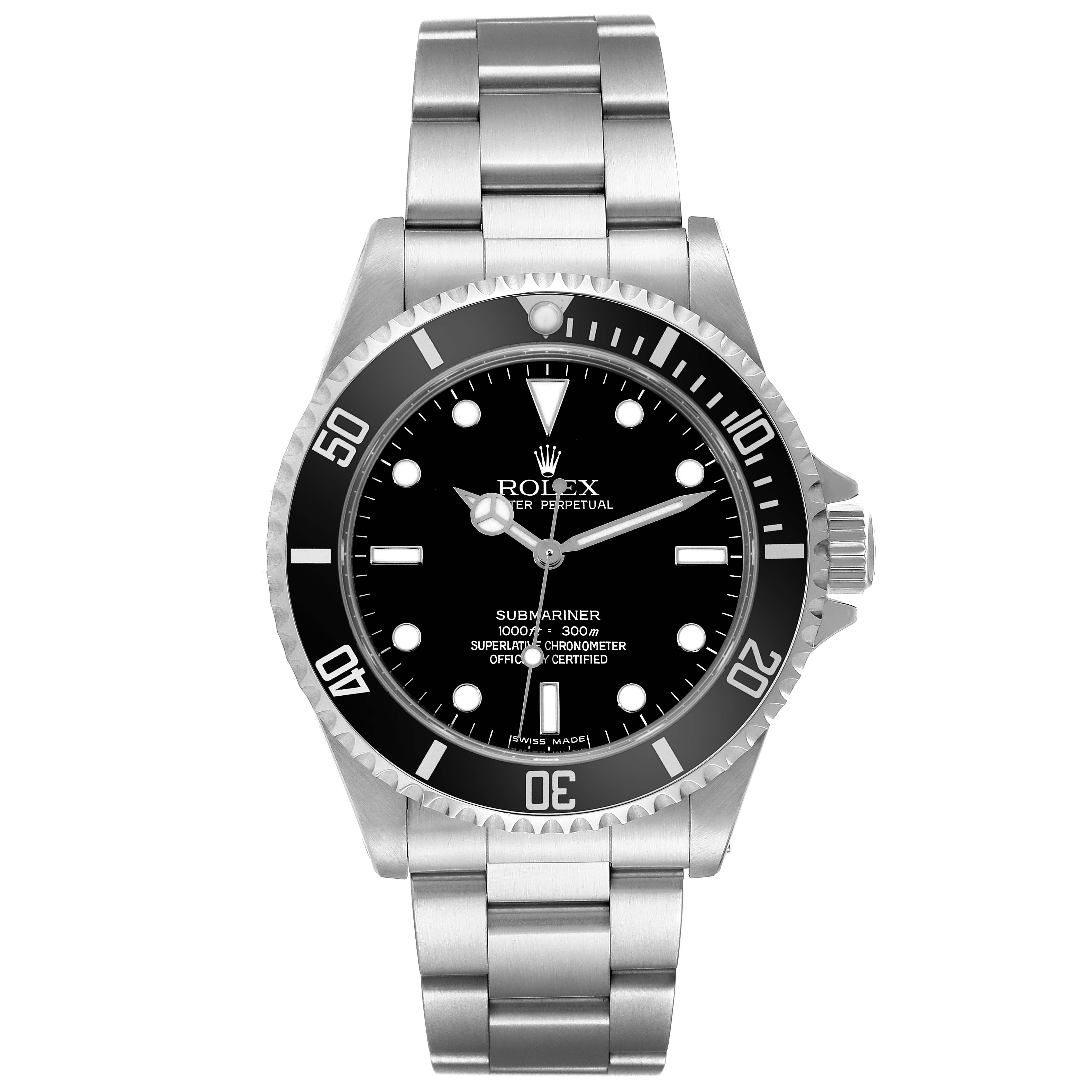 This is a front view of a Rolex Submariner 14060 Men
s Stainless Steel Black Dial 14060 Men
s Stainless Steel Black Dial watch, showing its face, bezel, crown, and stainless steel bracelet.