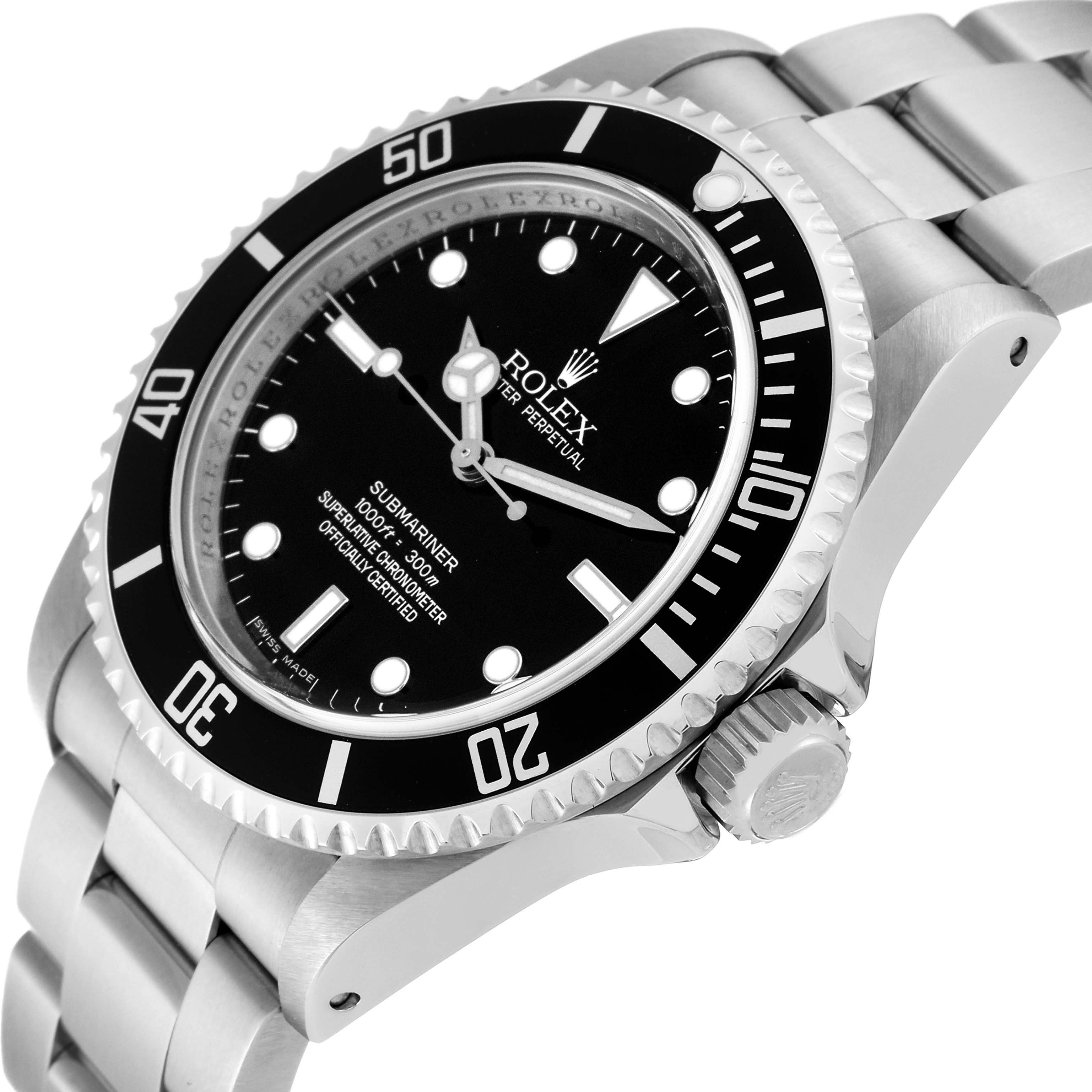 The image shows a close-up, angled view of the face, bezel, and part of the bracelet of a Rolex Submariner 14060 Men
s Stainless Steel Black Dial 14060 Men
s Stainless Steel Black Dial watch.