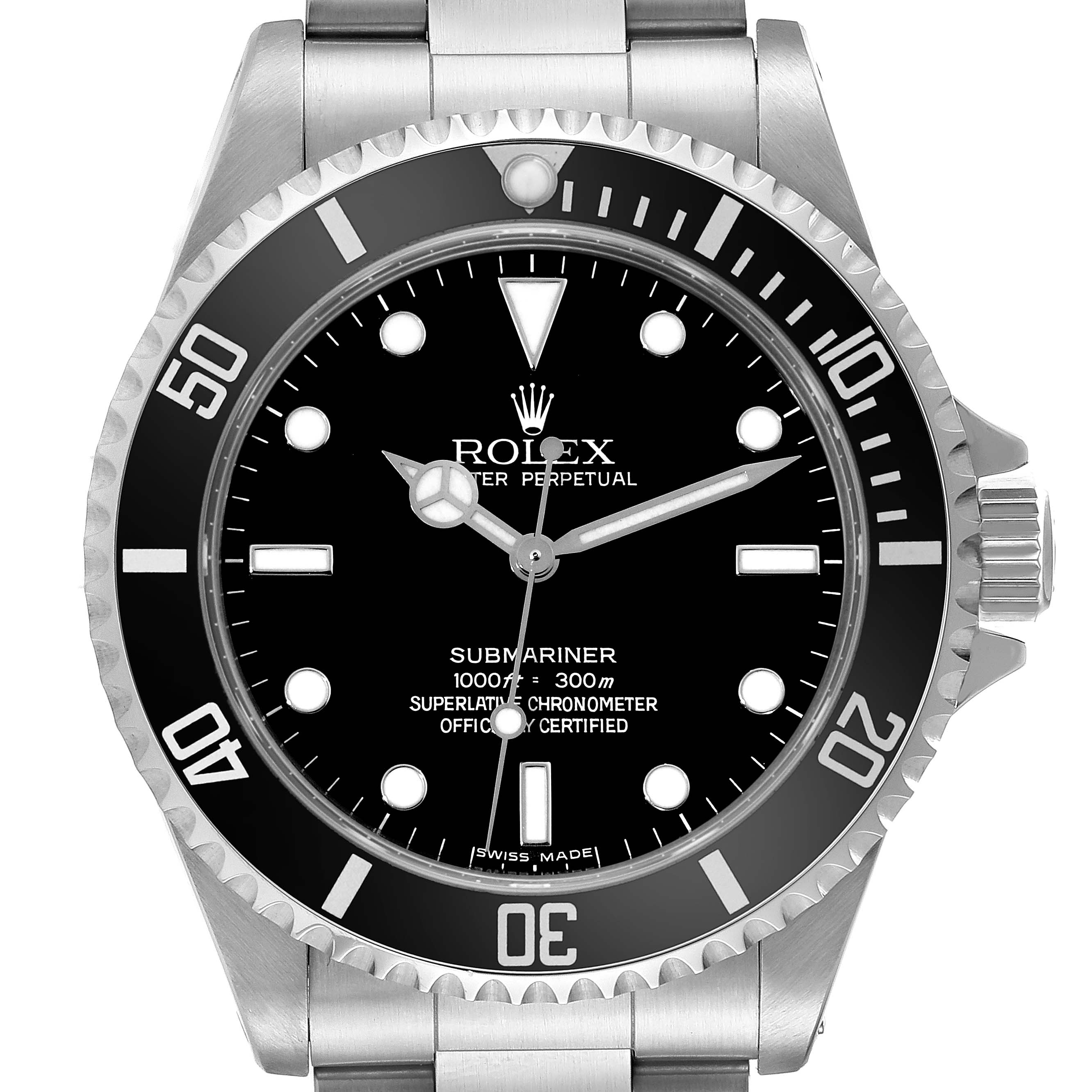 This is a front view of the Rolex Submariner 14060 Men
s Stainless Steel Black Dial 14060 Men
s Stainless Steel Black Dial watch, showing its dial, bezel, and part of the bracelet.