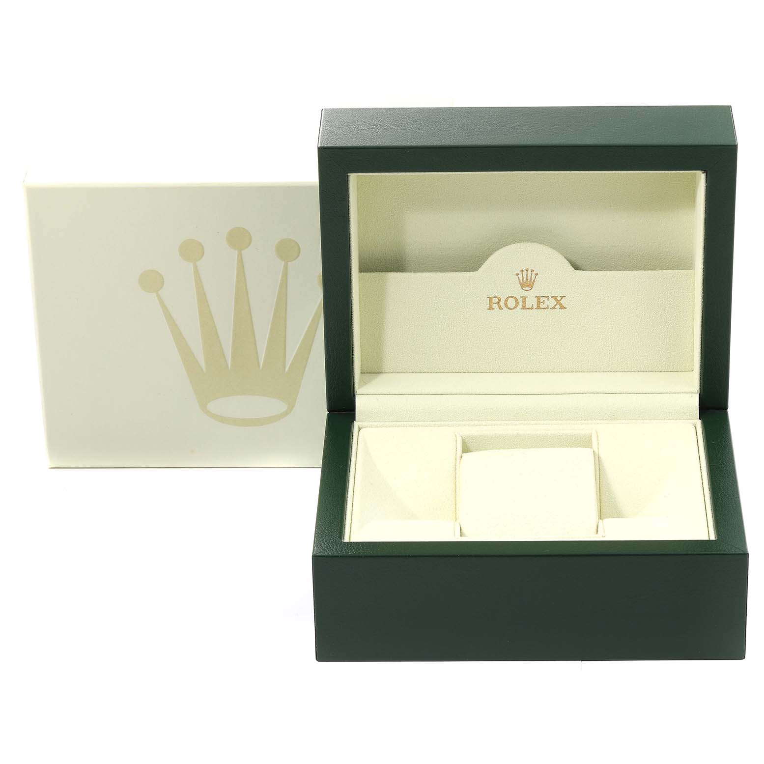 The image displays a green watch box for a Rolex Submariner 14060 Men
s Stainless Steel Black Dial 14060 Men
s Stainless Steel Black Dial, shown with the lid open and the packaging box in the background.