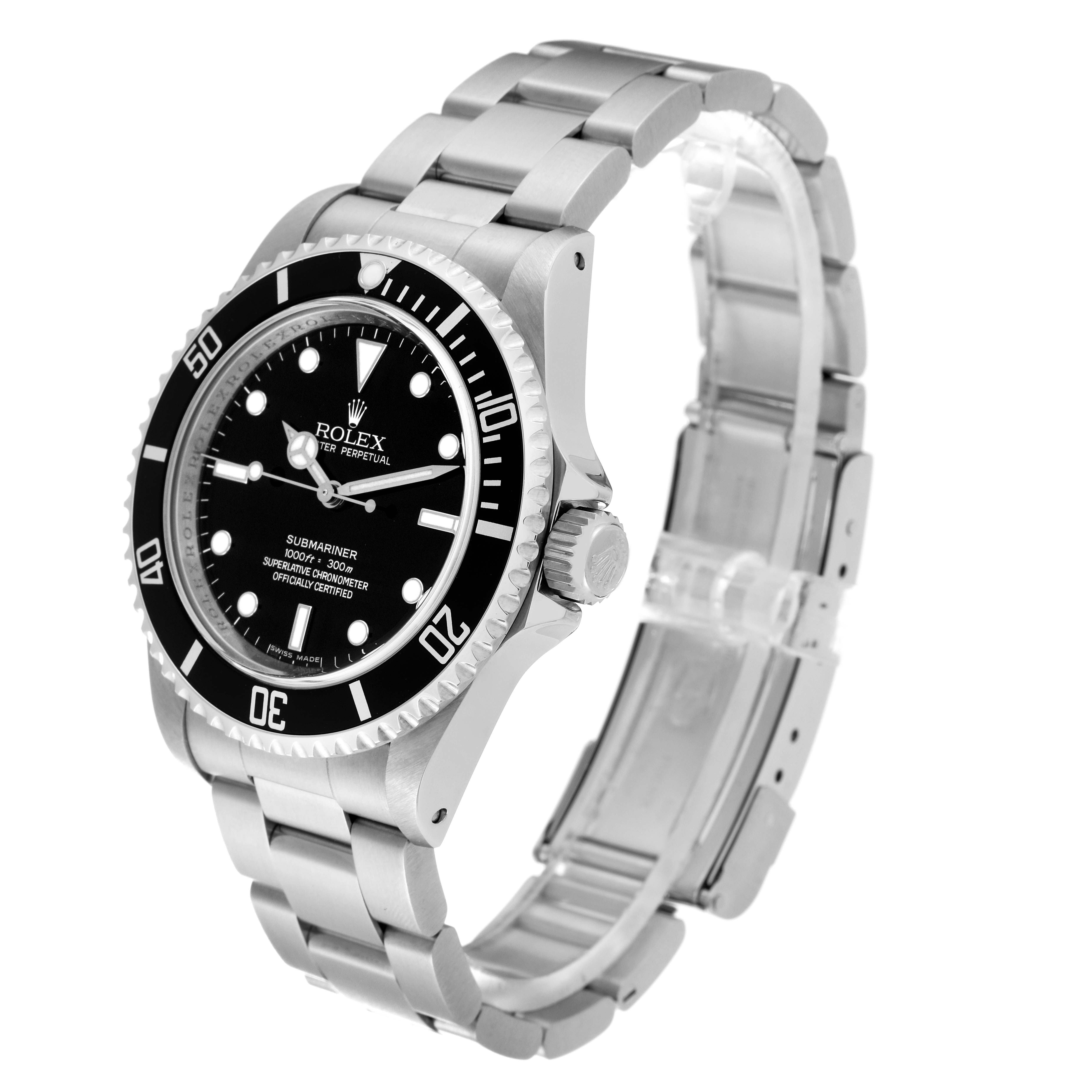 The image shows a Rolex Submariner 14060 Men
s Stainless Steel Black Dial 14060 Men
s Stainless Steel Black Dial watch angled from the front-left, displaying the watch face, bezel, crown, and band.