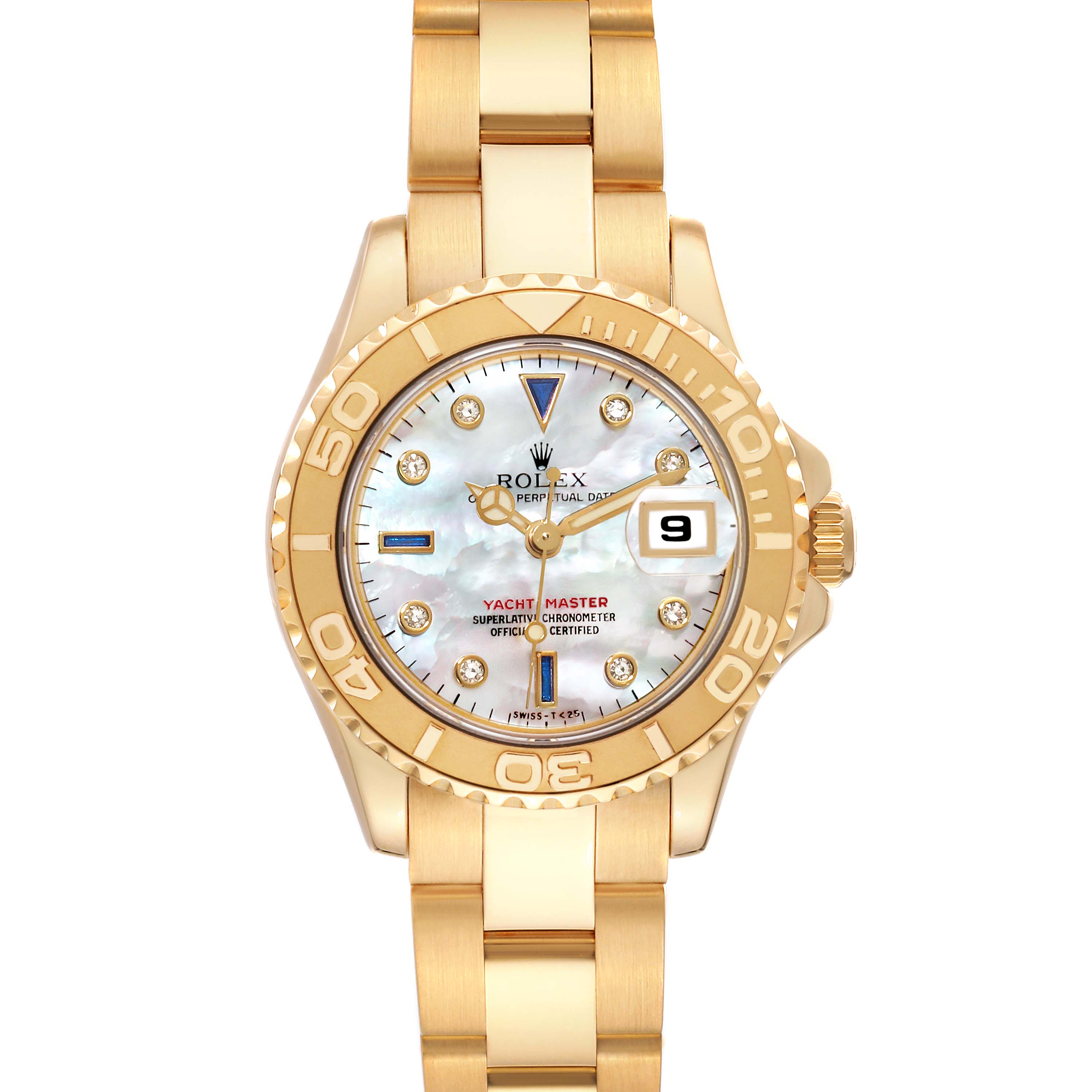 This Rolex Yacht-Master 69628 Women's Yellow Gold Mother of Pearl Dial 69628 Women's Yellow Gold Mother of Pearl Dial watch is shown from the front displaying the dial, bezel, case, and part of the bracelet.