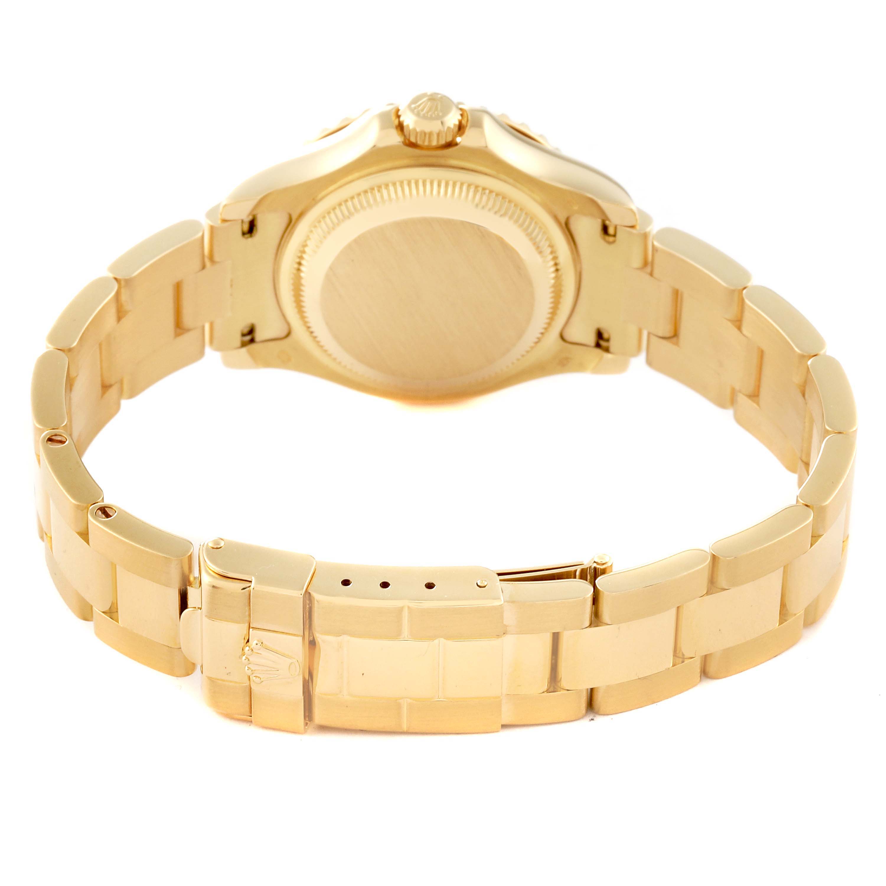 This image shows the back view of the Rolex Yacht-Master 69628 Women's Yellow Gold Mother of Pearl Dial 69628 Women's Yellow Gold Mother of Pearl Dial watch, focusing on the case back, bracelet, and clasp.