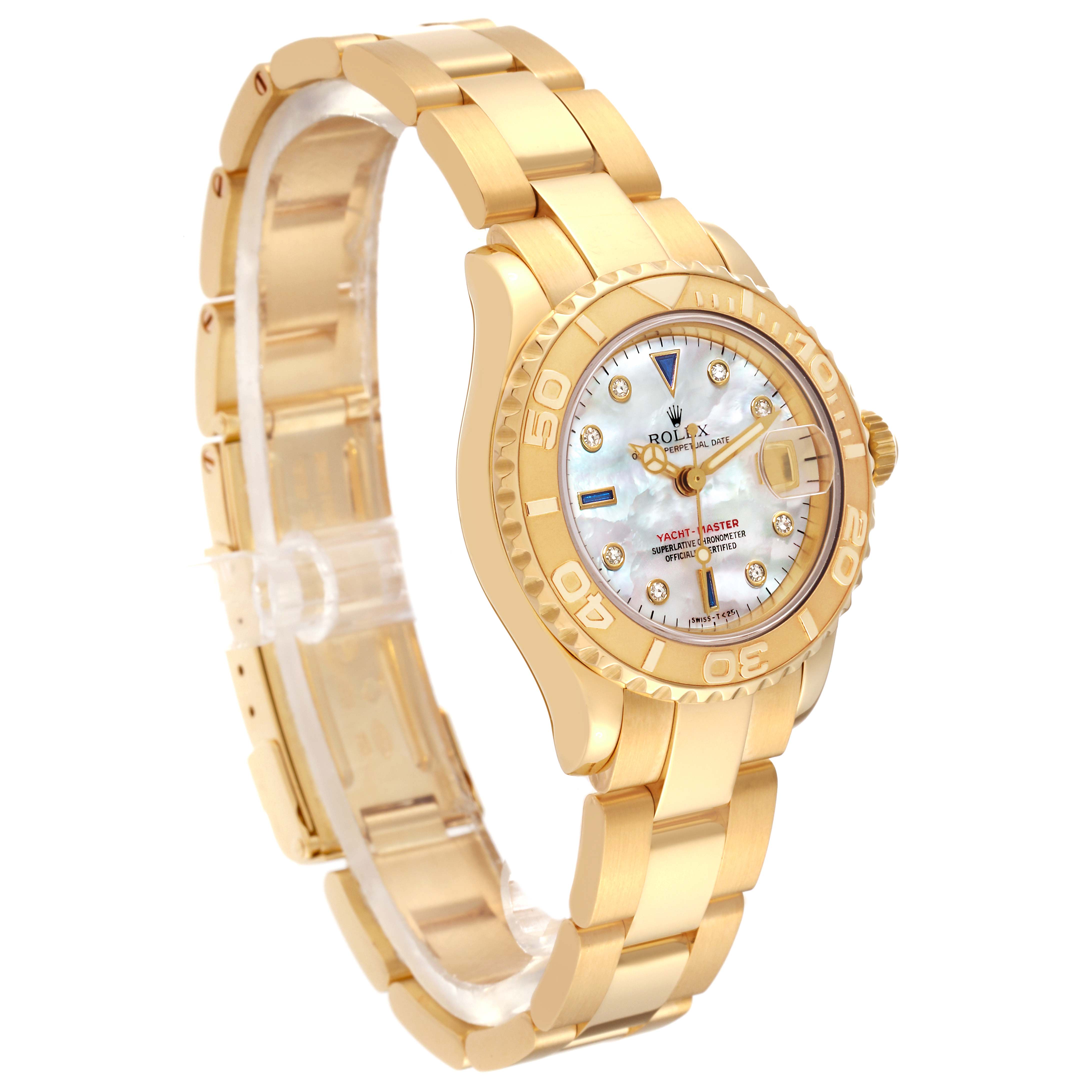 The Rolex Yacht-Master 69628 Women's Yellow Gold Mother of Pearl Dial 69628 Women's Yellow Gold Mother of Pearl Dial watch is shown at a slight angle, displaying its gold bracelet, bezel, and mother-of-pearl dial.