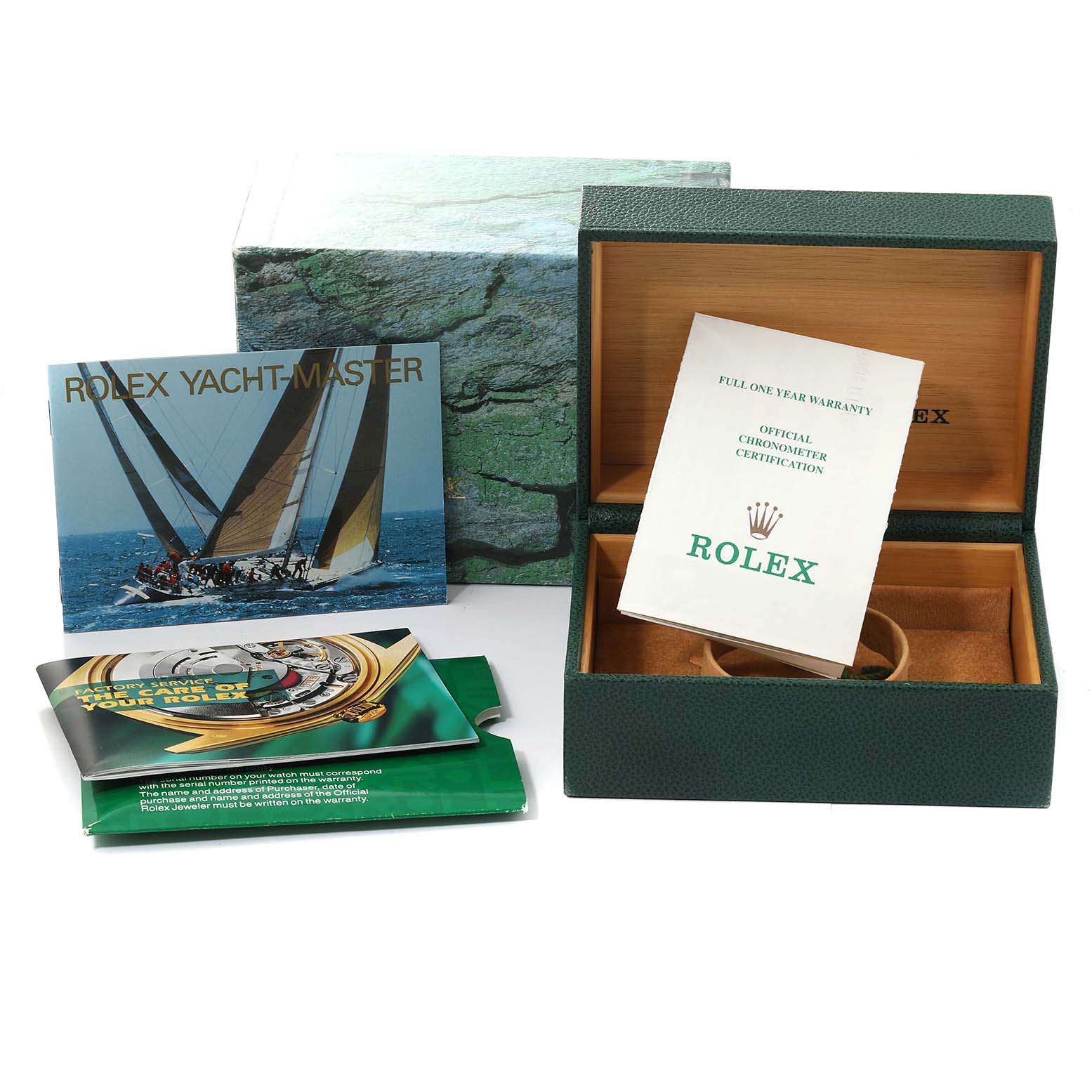 The image shows a Rolex Yacht-Master 69628 Women's Yellow Gold Mother of Pearl Dial 69628 Women's Yellow Gold Mother of Pearl Dial box, warranty booklet, and manual at an angled view.