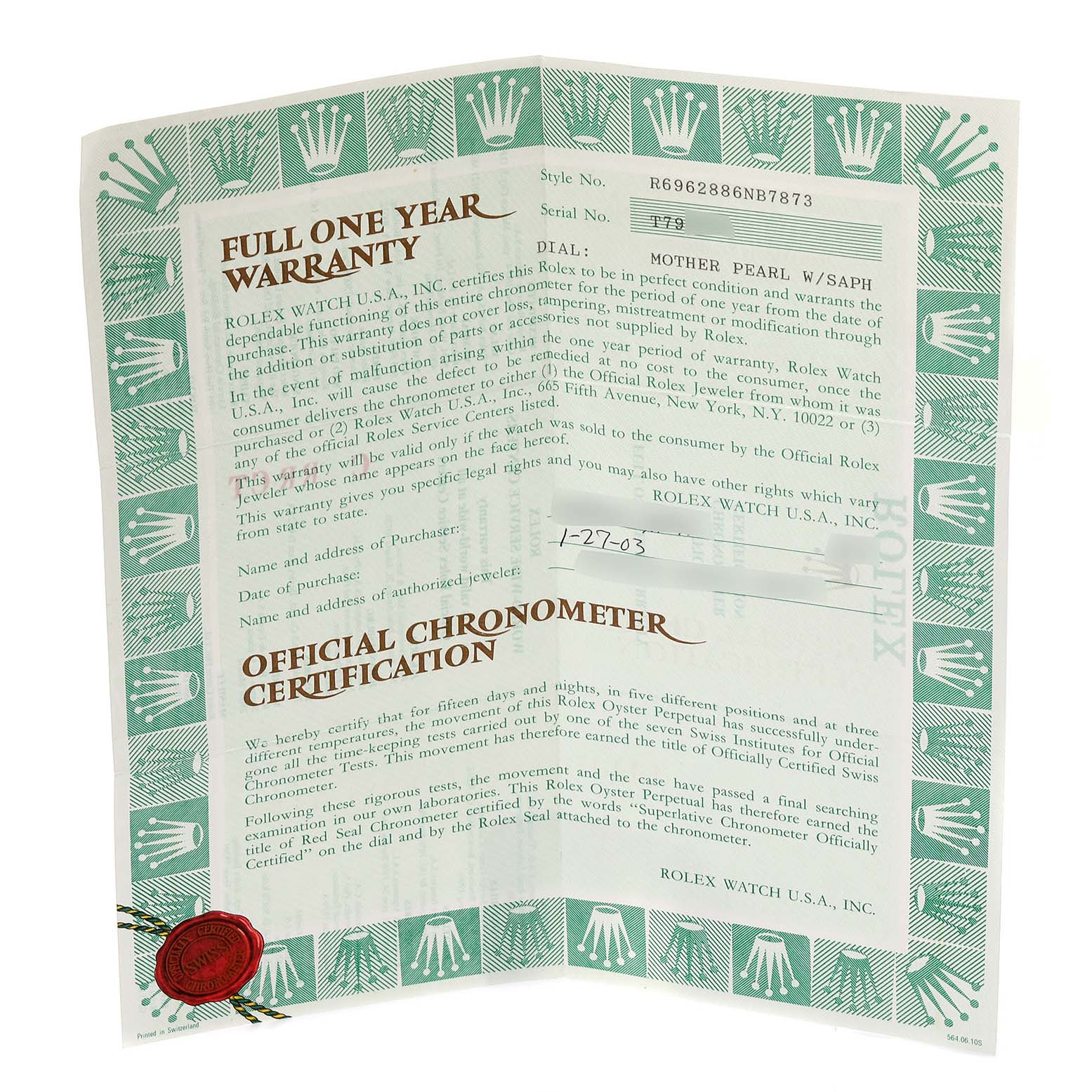 This image shows the open warranty card and Official Chronometer Certification for a Rolex Yacht-Master 69628 Women's Yellow Gold Mother of Pearl Dial 69628 Women's Yellow Gold Mother of Pearl Dial watch.