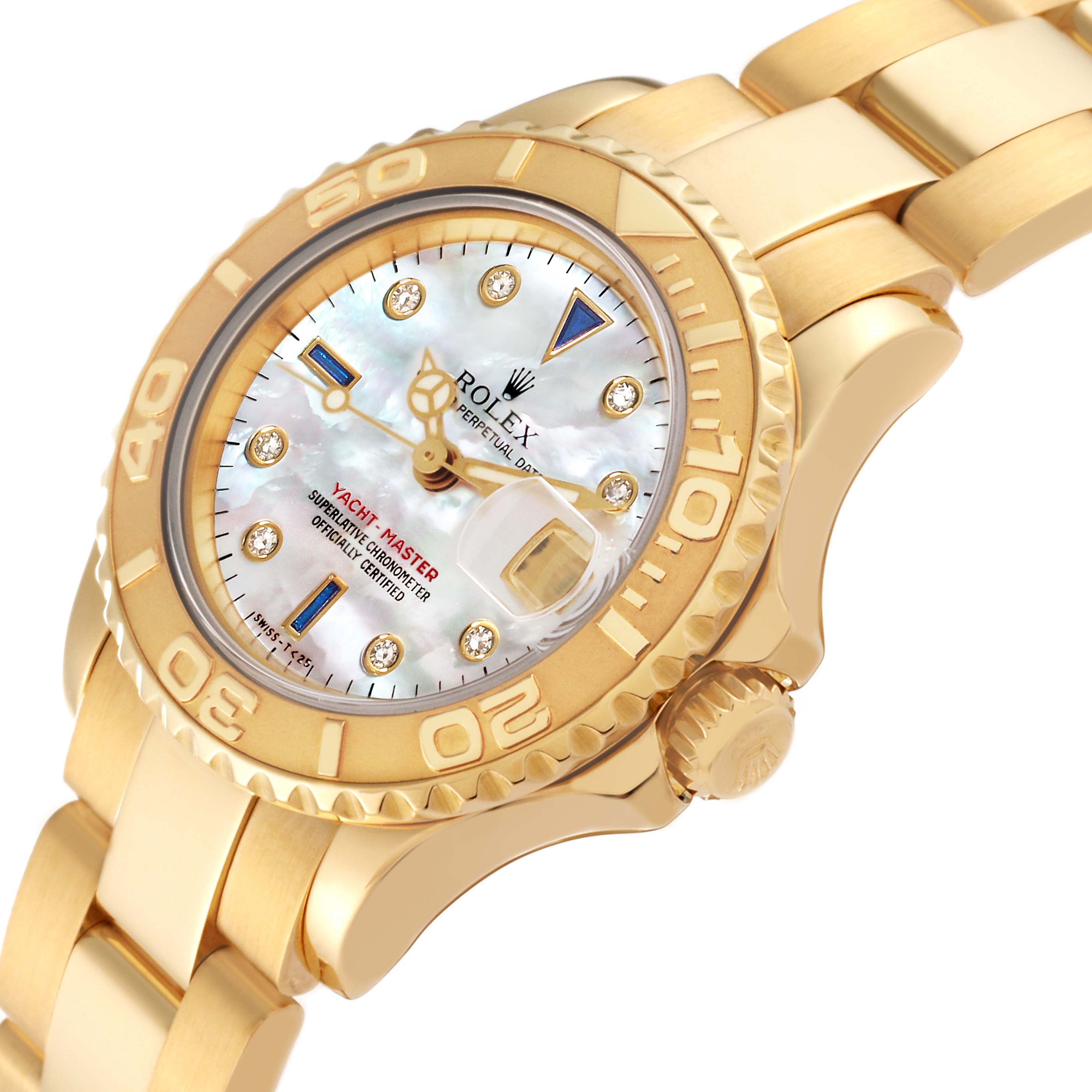 The Rolex Yacht-Master 69628 Women's Yellow Gold Mother of Pearl Dial 69628 Women's Yellow Gold Mother of Pearl Dial watch is shown at an angle displaying the face, crown, and part of the gold bracelet.