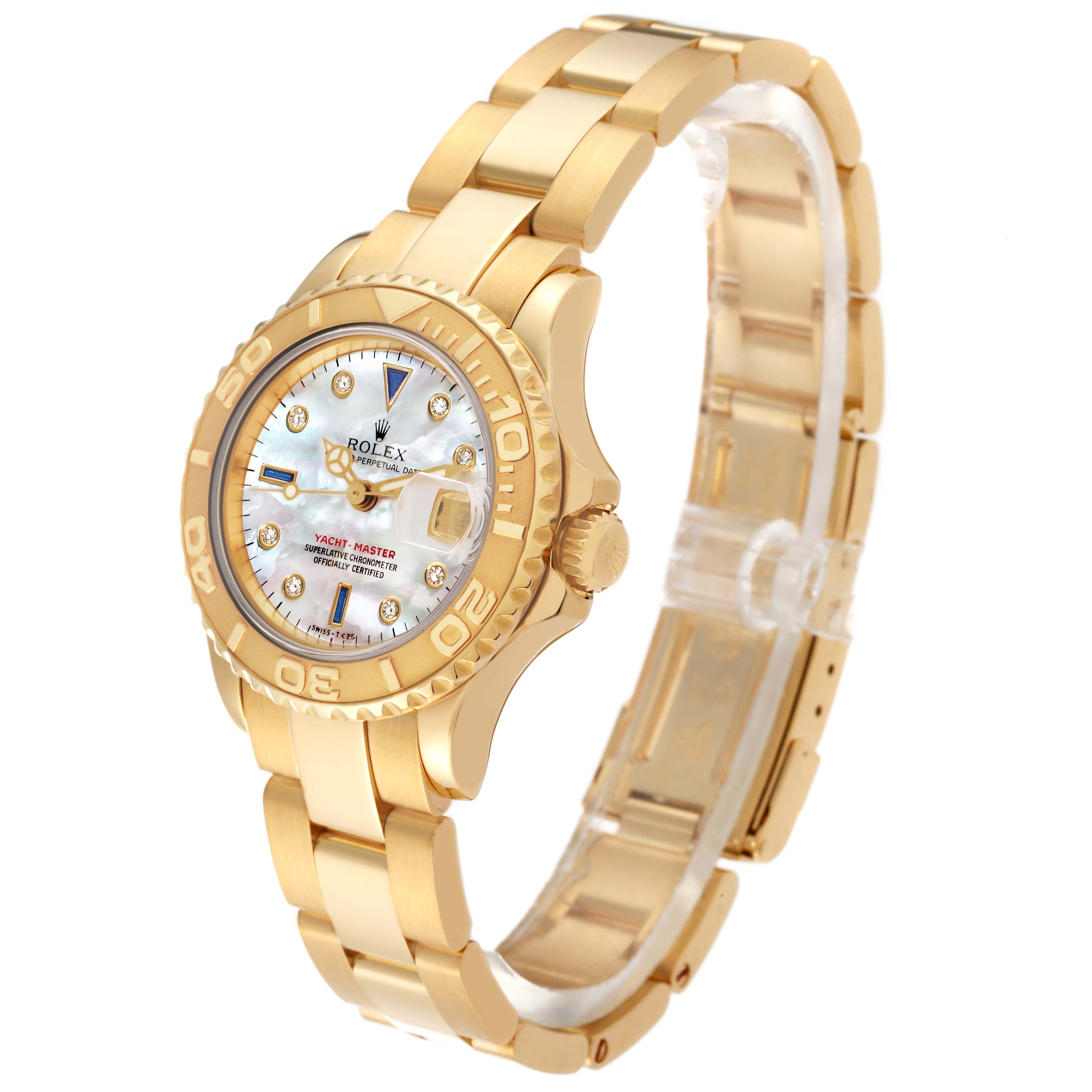 The Rolex Yacht-Master 69628 Women's Yellow Gold Mother of Pearl Dial 69628 Women's Yellow Gold Mother of Pearl Dial watch is shown at a three-quarter angle, highlighting the face, bezel, and bracelet.