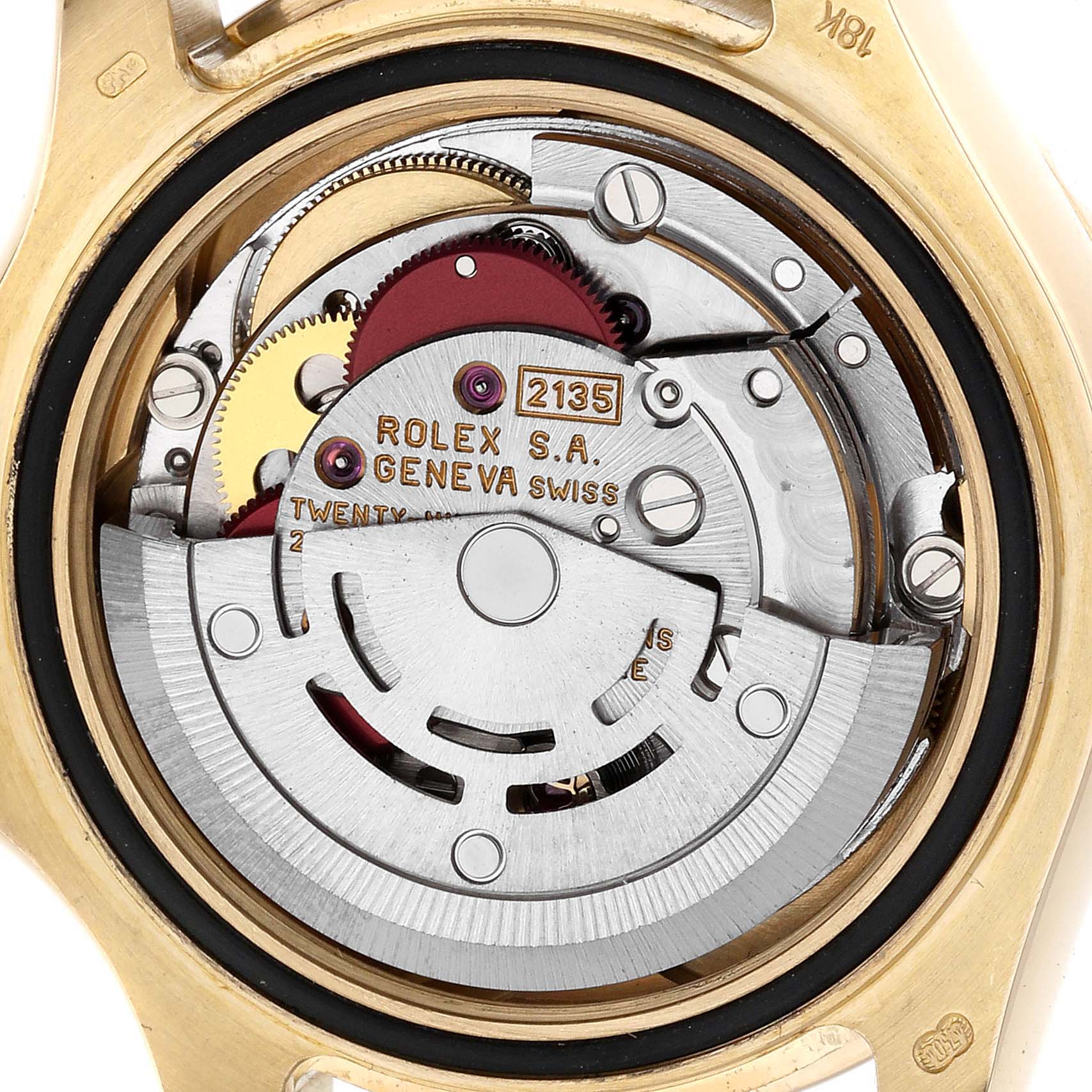 The image shows the back view of a Rolex Yacht-Master 69628 Women's Yellow Gold Mother of Pearl Dial 69628 Women's Yellow Gold Mother of Pearl Dial watch, revealing its internal movement components.