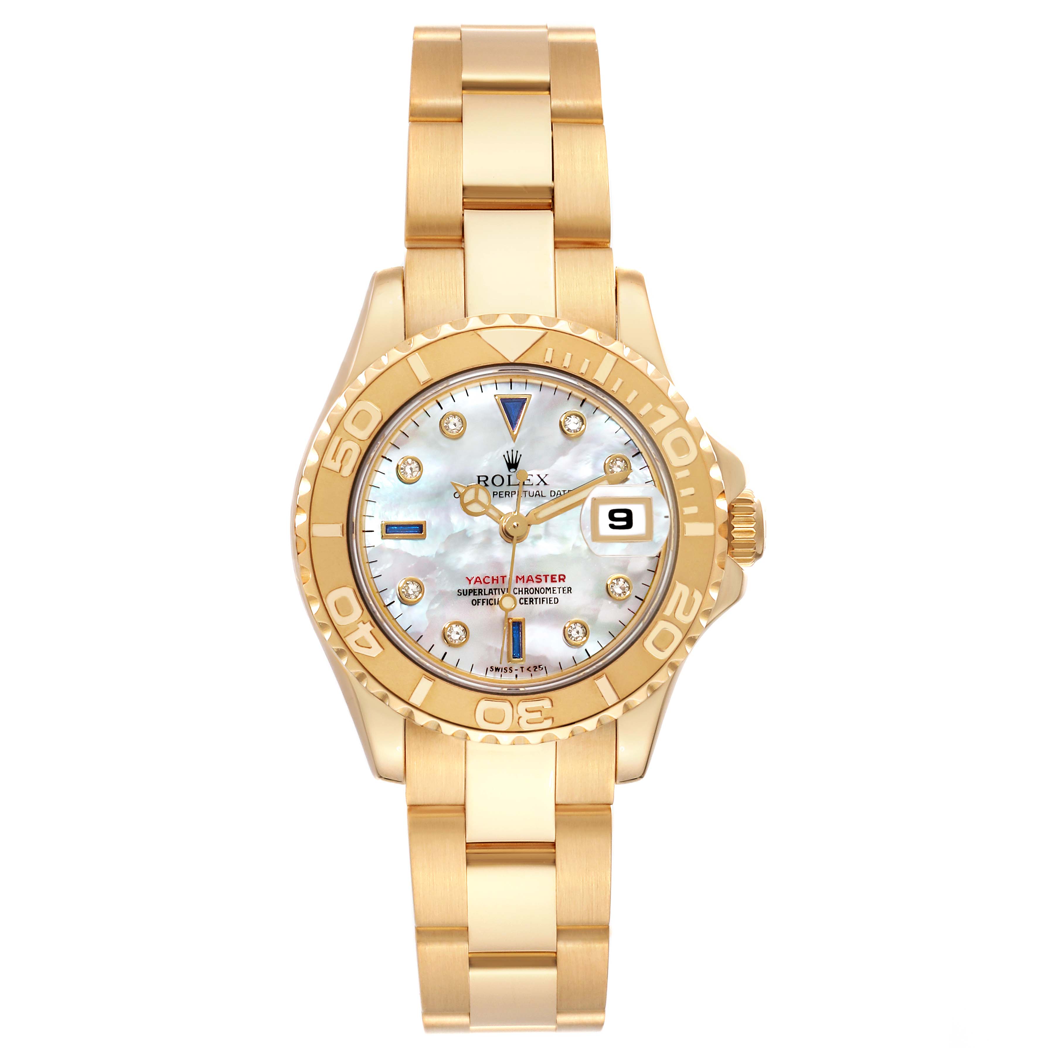 This image shows a Rolex Yacht-Master 69628 Women's Yellow Gold Mother of Pearl Dial 69628 Women's Yellow Gold Mother of Pearl Dial watch from a front-facing angle, displaying its gold bracelet, bezel, and mother-of-pearl dial.