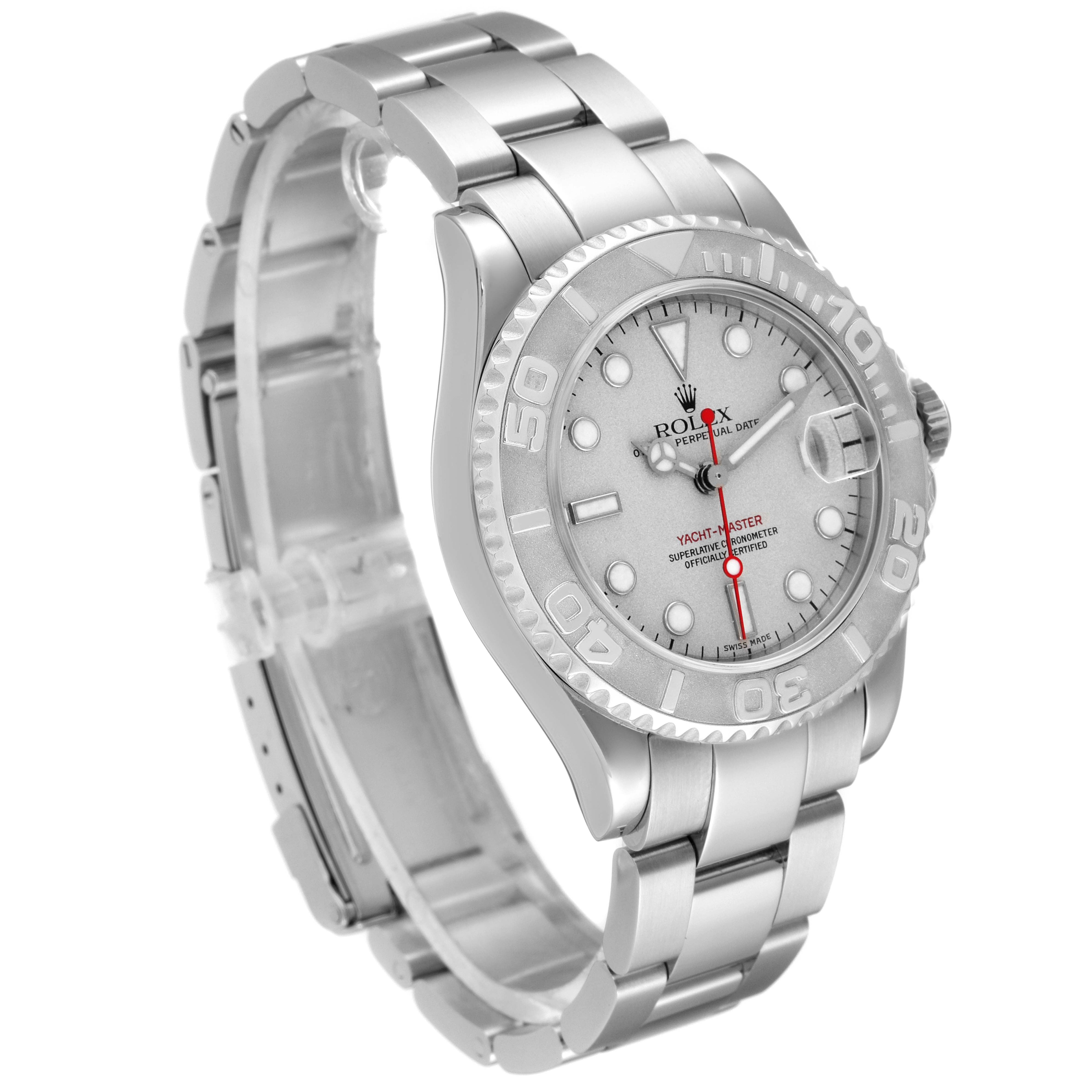 This image shows a side angle of the Rolex Yacht-Master 168622 Men's Stainless Steel Silver Dial 168622 Men's Stainless Steel Silver Dial watch, highlighting the dial, bezel, and bracelet.