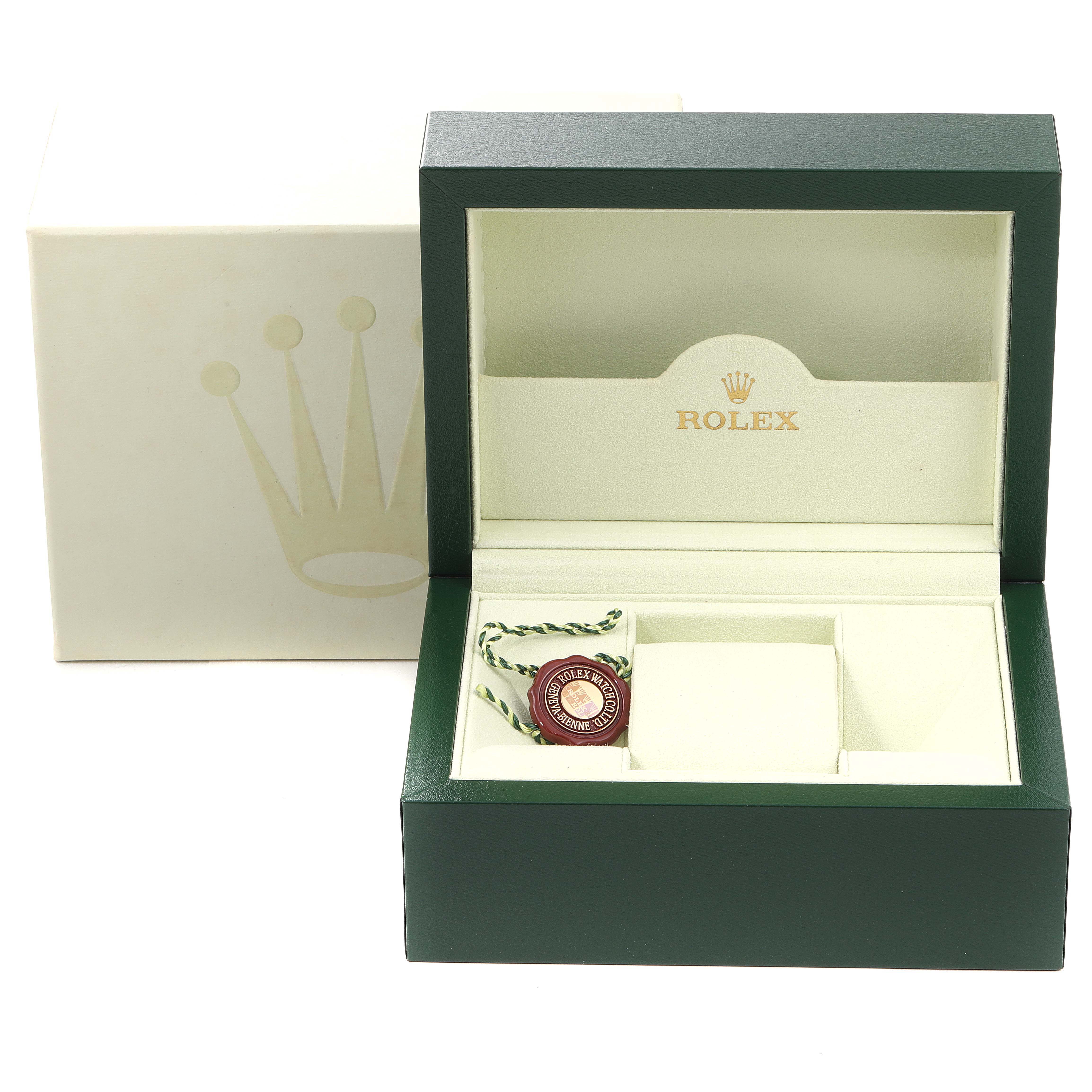 This image shows the open box of a Rolex Yacht-Master 168622 Men's Stainless Steel Silver Dial 168622 Men's Stainless Steel Silver Dial watch, featuring the Rolex logo and accompanying accessories.