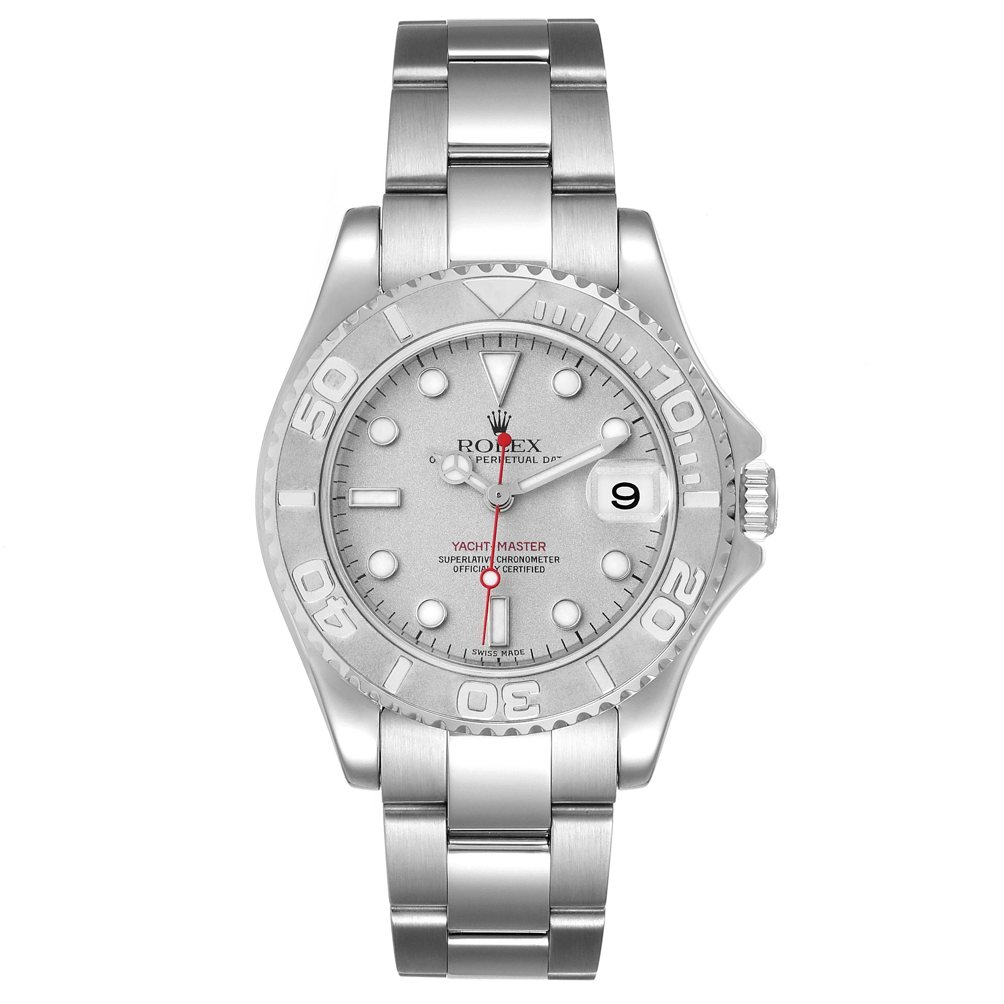 The Rolex Yacht-Master 168622 Men's Stainless Steel Silver Dial 168622 Men's Stainless Steel Silver Dial watch is shown from the front, displaying its full face, bezel, and bracelet.