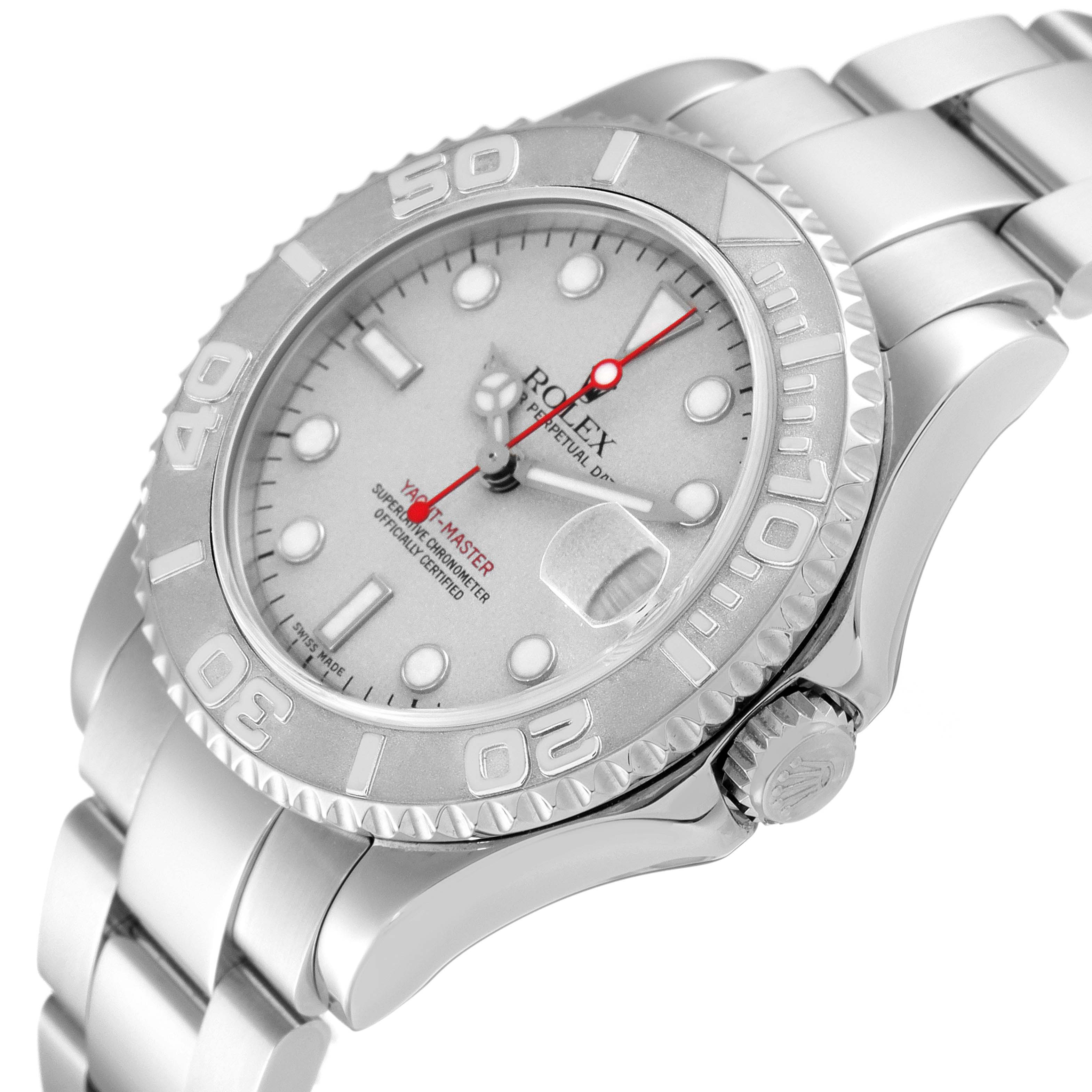 The image shows an angled view of a Rolex Yacht-Master 168622 Men's Stainless Steel Silver Dial 168622 Men's Stainless Steel Silver Dial watch showcasing its face, bezel, crown, and bracelet.