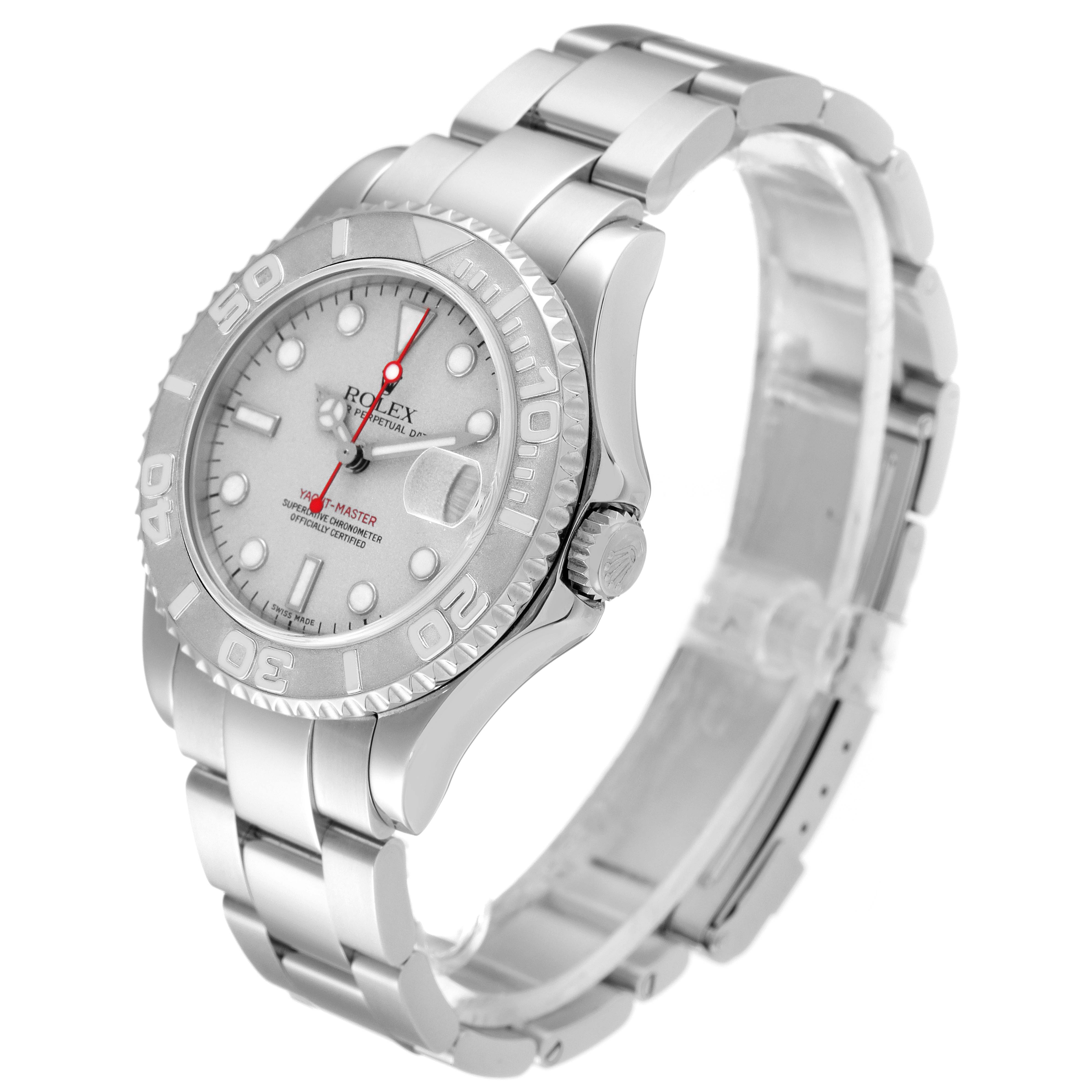 This image shows a side-angle view of the Rolex Yacht-Master 168622 Men's Stainless Steel Silver Dial 168622 Men's Stainless Steel Silver Dial watch displaying its bezel, crown, dial, and bracelet.