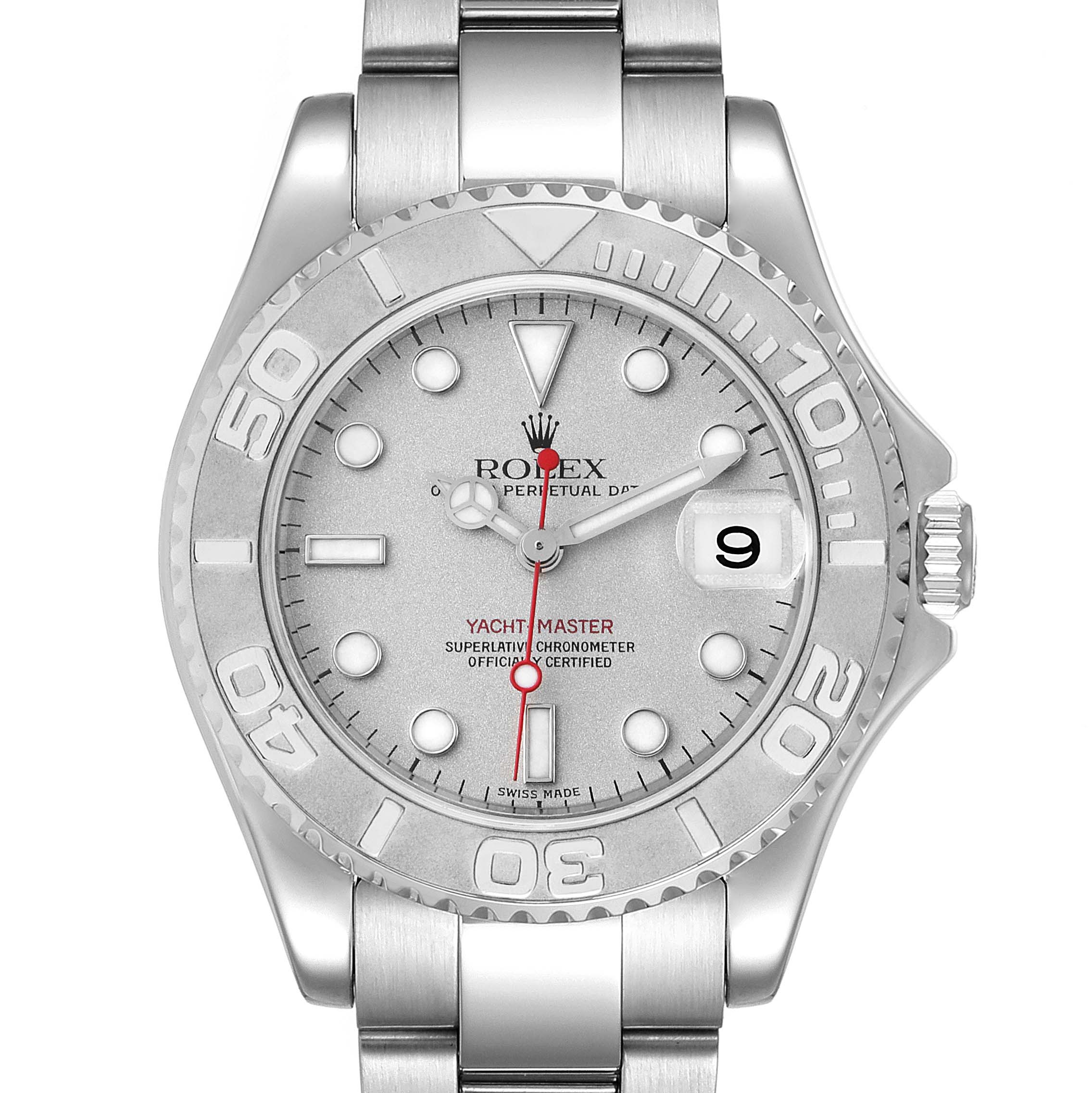 This image shows a front view of a Rolex Yacht-Master 168622 Men's Stainless Steel Silver Dial 168622 Men's Stainless Steel Silver Dial watch, highlighting its dial, bezel, crown, and bracelet.