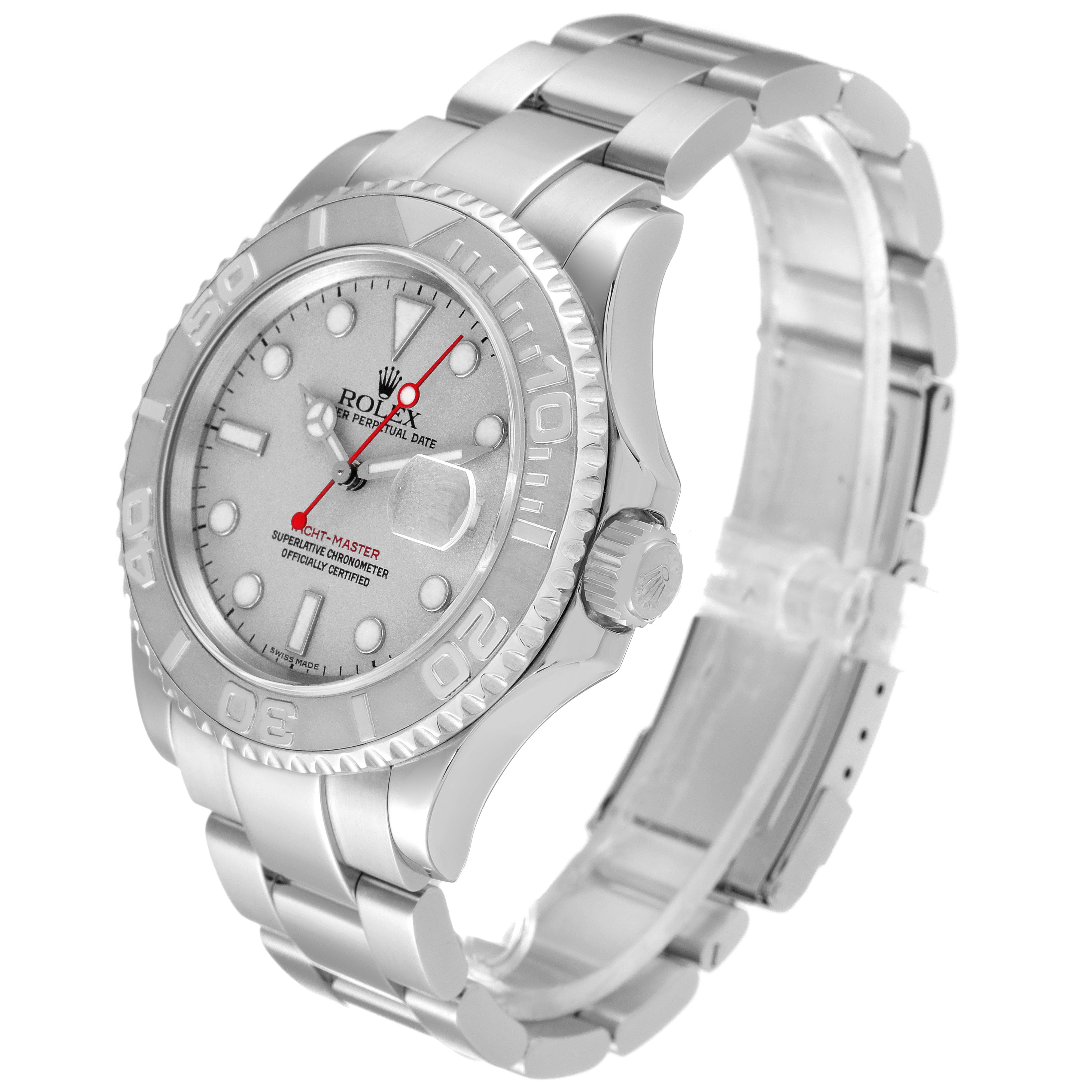 This Rolex Yacht-Master 16622 Men's Stainless Steel Silver Dial 16622 Men's Stainless Steel Silver Dial watch is shown from a front-right angle, highlighting its dial, bezel, and bracelet.