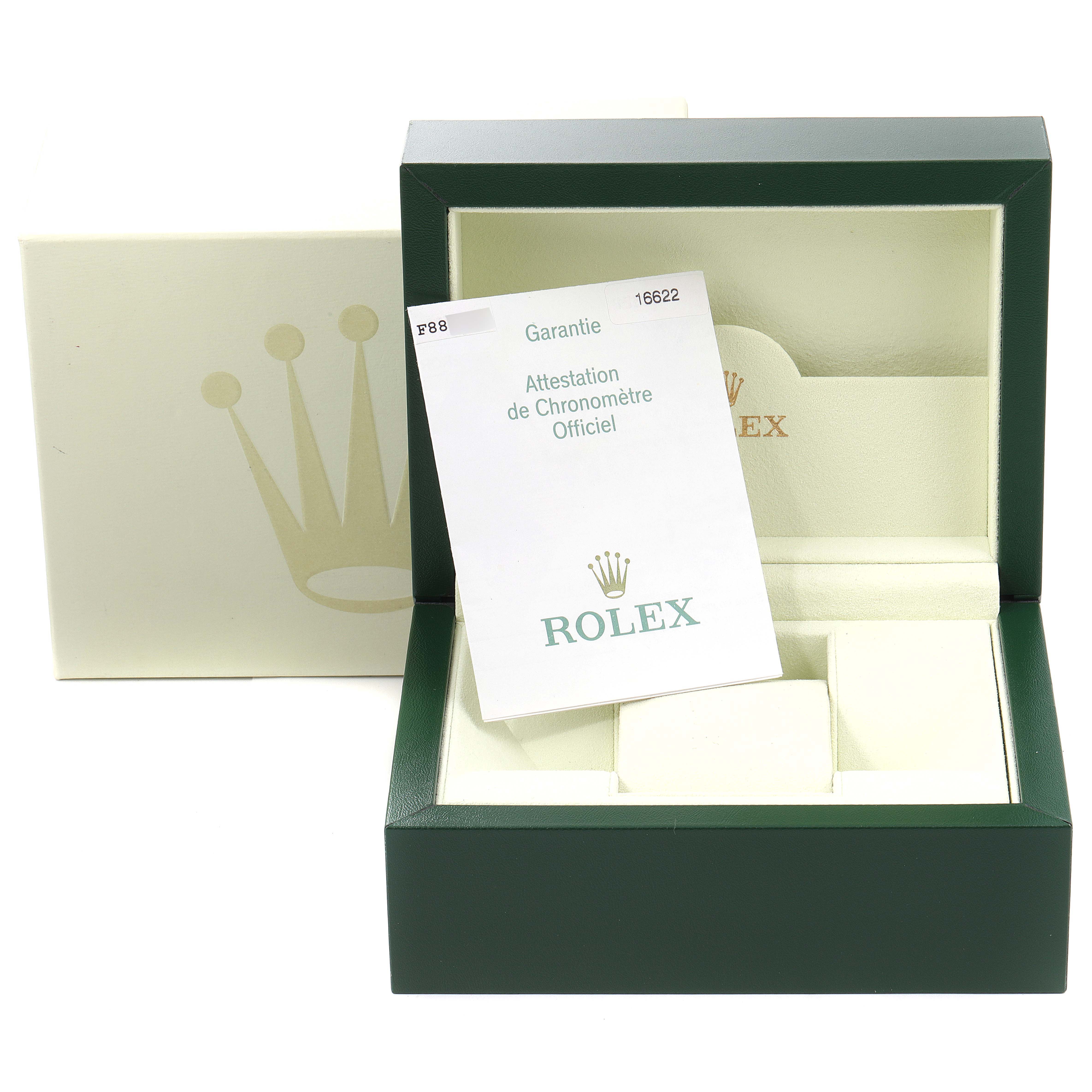 The image shows the open box for a Rolex Yacht-Master 16622 Men's Stainless Steel Silver Dial 16622 Men's Stainless Steel Silver Dial watch, along with its warranty certificate.