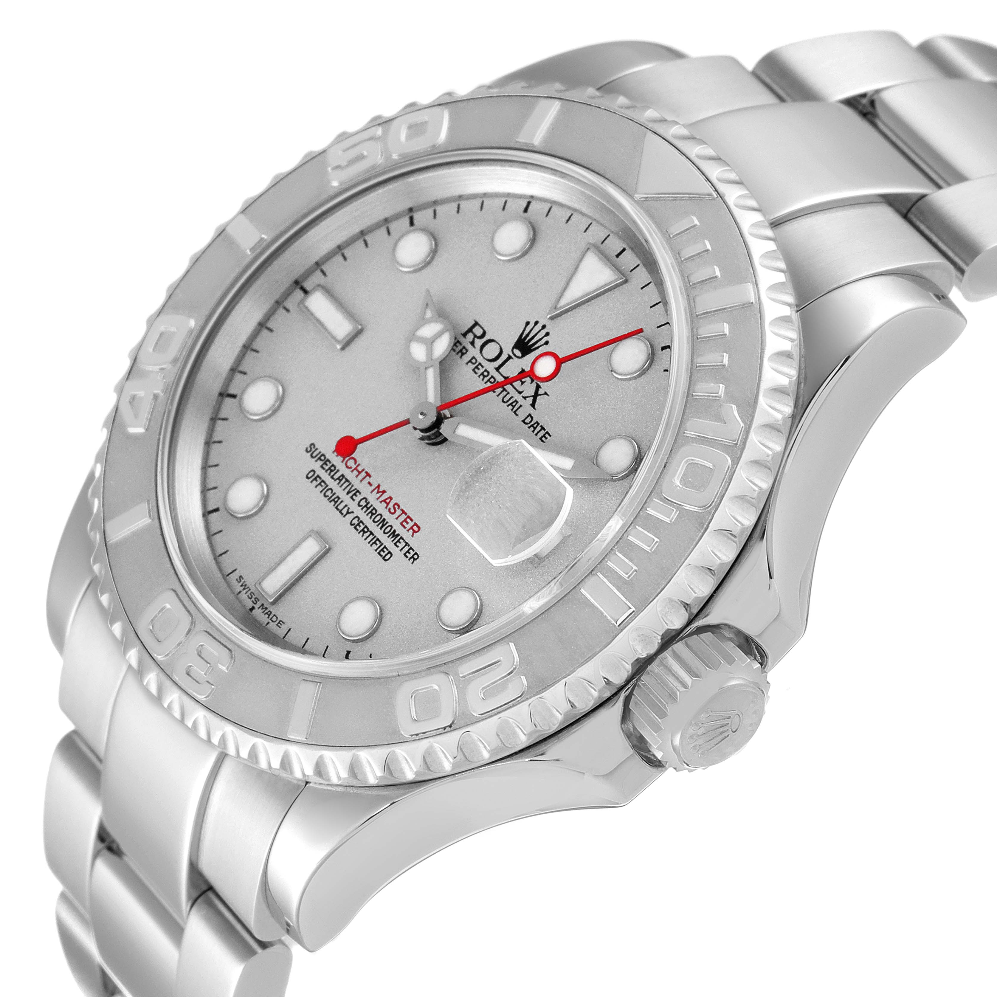 The Rolex Yacht-Master 16622 Men's Stainless Steel Silver Dial 16622 Men's Stainless Steel Silver Dial watch is shown at an angled top-down view, highlighting the dial, bezel, and part of the bracelet.