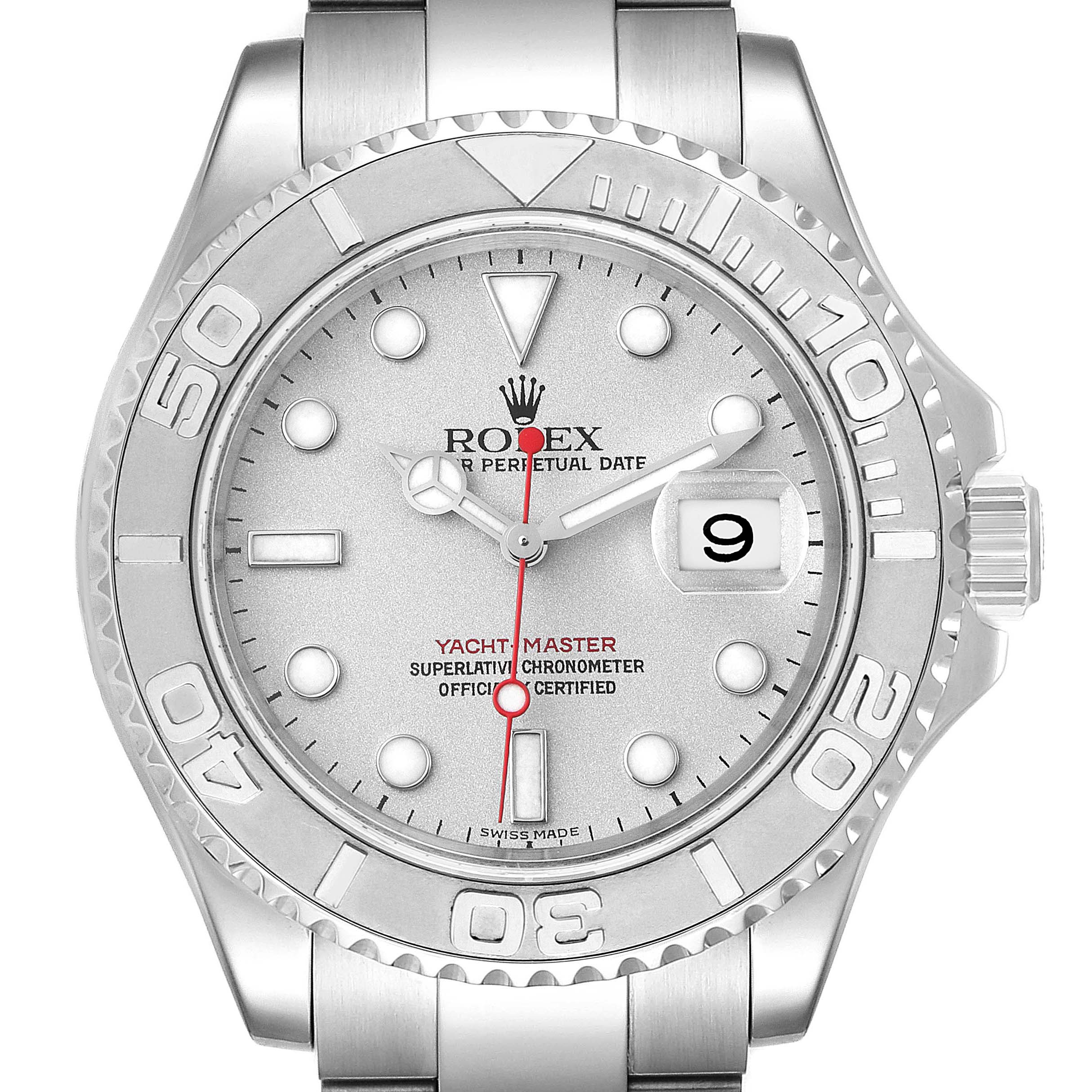 This is a front view of the Rolex Yacht-Master 16622 Men's Stainless Steel Silver Dial 16622 Men's Stainless Steel Silver Dial watch, displaying the dial, bezel, and part of the bracelet.