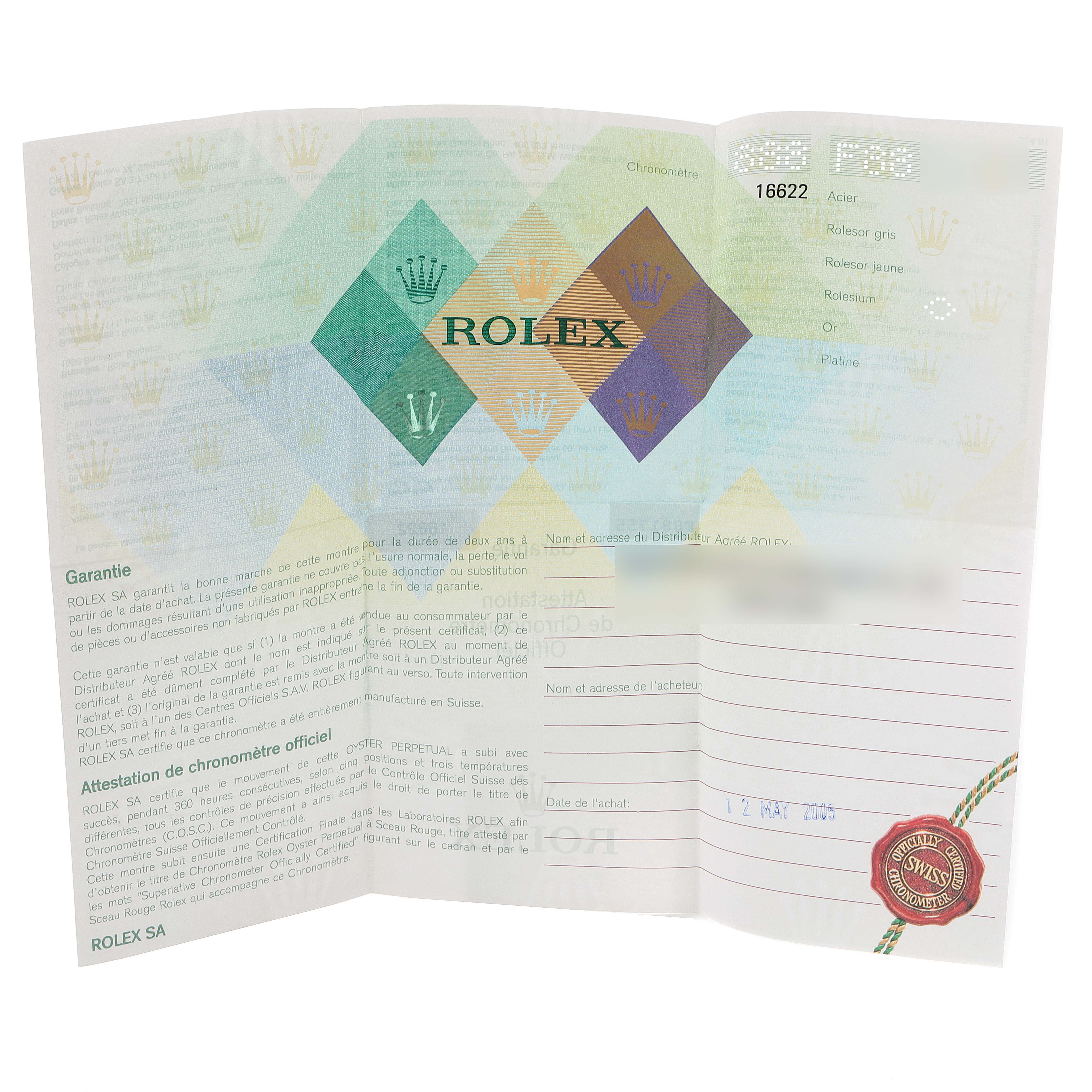 The image shows an open warranty and chronometer certificate booklet for a Rolex Yacht-Master 16622 Men's Stainless Steel Silver Dial 16622 Men's Stainless Steel Silver Dial model.