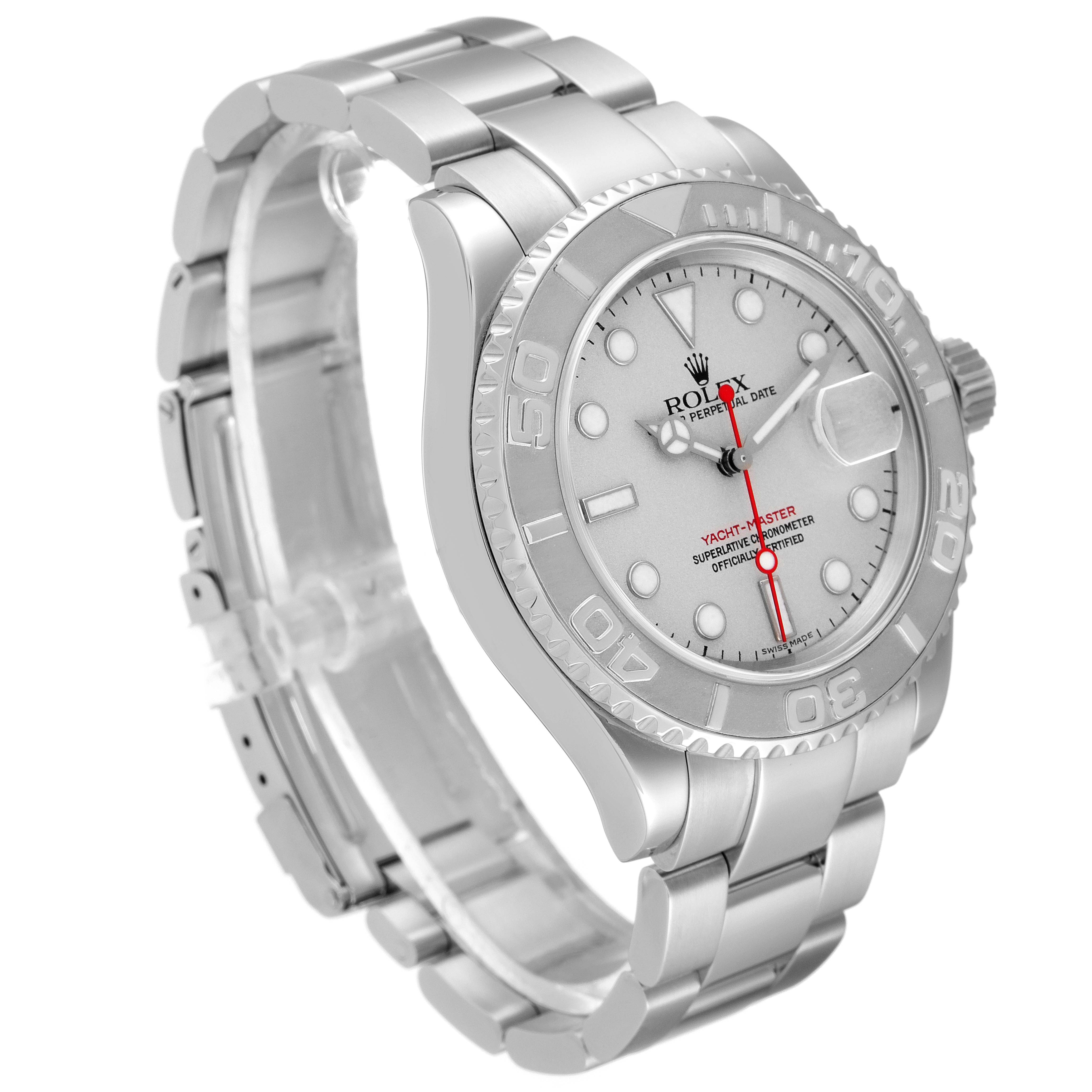 The image shows a side angle of the Rolex Yacht-Master 16622 Men's Stainless Steel Silver Dial 16622 Men's Stainless Steel Silver Dial watch, focusing on the case, dial, bezel, and bracelet.