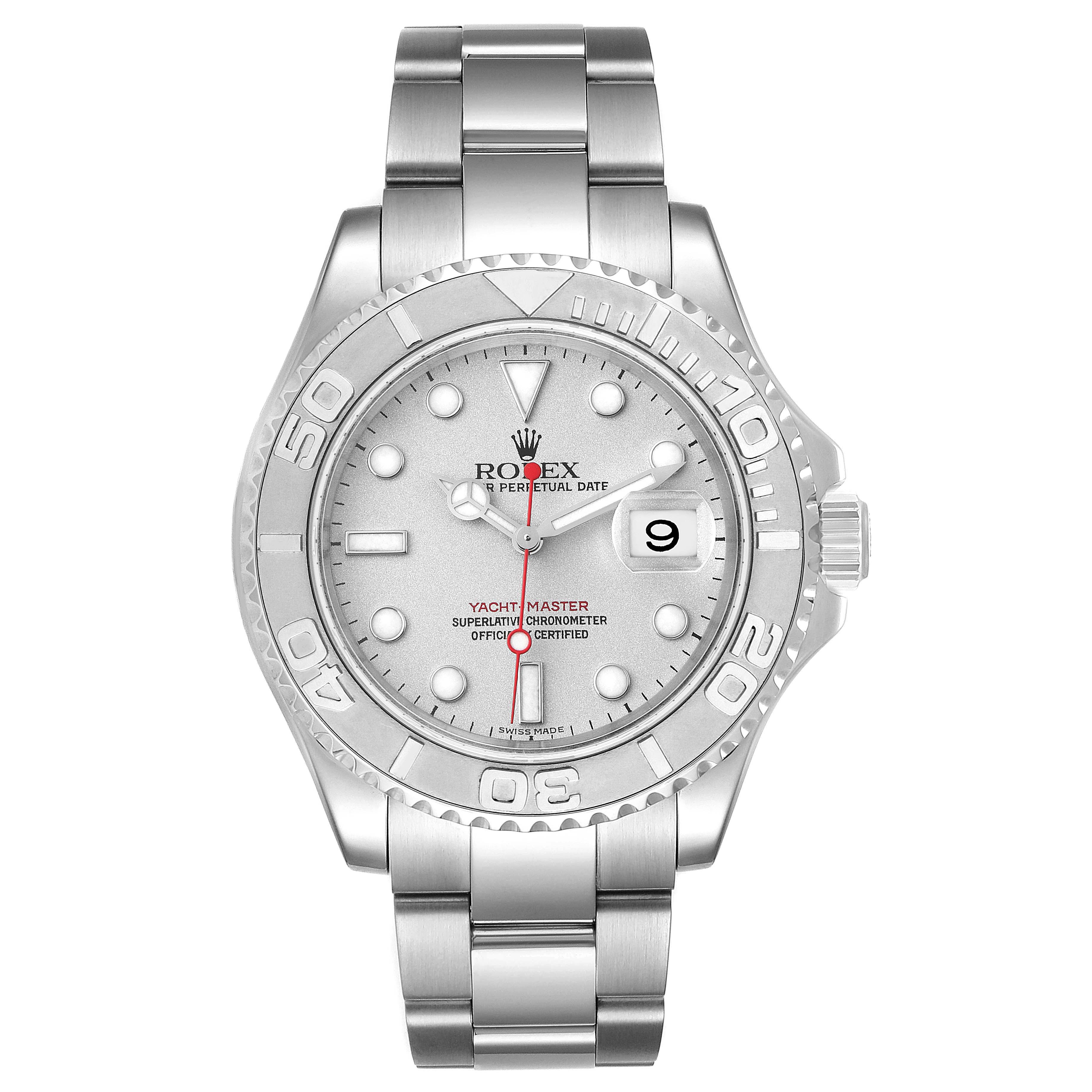 The image shows a front view of the Rolex Yacht-Master 16622 Men's Stainless Steel Silver Dial 16622 Men's Stainless Steel Silver Dial watch, featuring its dial, bezel, case, and bracelet.