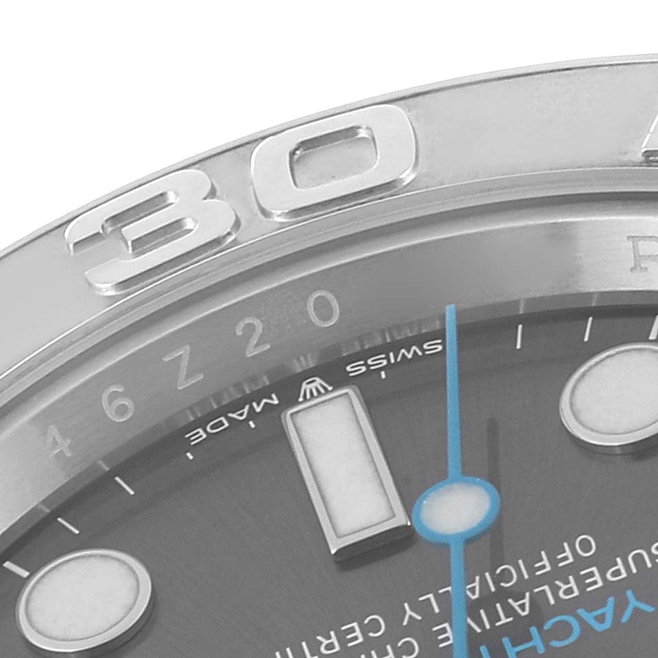 This close-up angle shows the bezel, dial, and part of the hour and minute hands of the Rolex Yacht-Master 126622 Men's Stainless Steel Grey Dial 126622 Men's Stainless Steel Grey Dial watch.