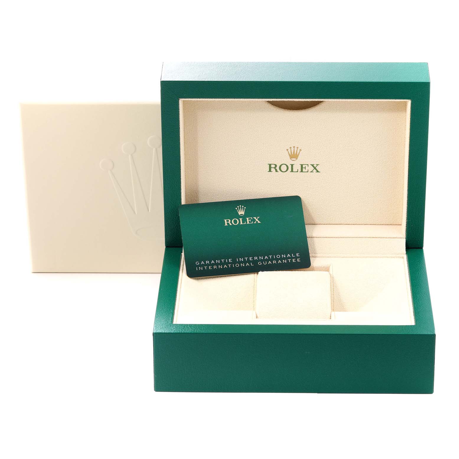 The image shows an open green Rolex Yacht-Master 126622 Men's Stainless Steel Grey Dial 126622 Men's Stainless Steel Grey Dial box with guarantee card and cushion, seen from a front angle.