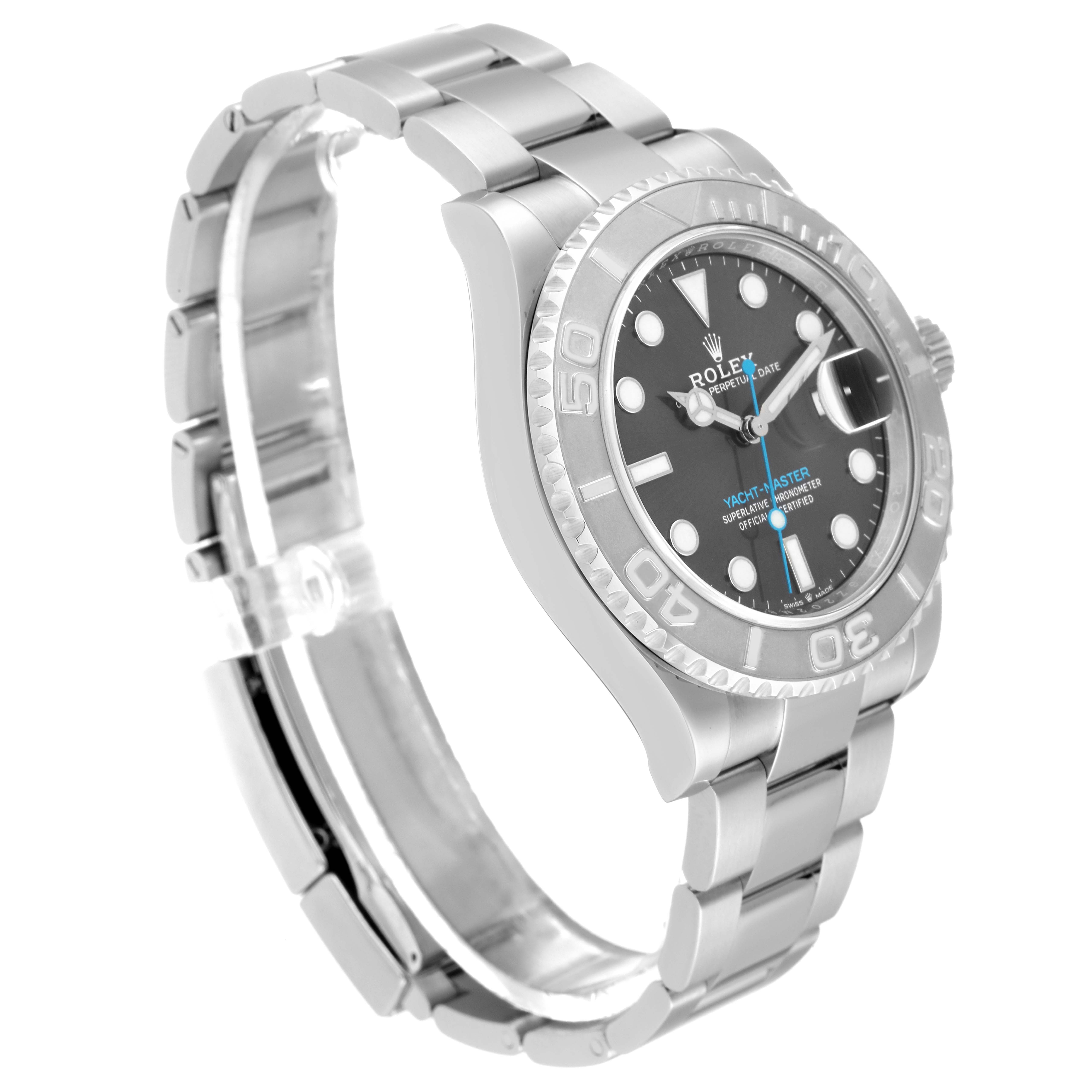 The Rolex Yacht-Master 126622 Men's Stainless Steel Grey Dial 126622 Men's Stainless Steel Grey Dial watch is shown at a slight angle, revealing the face, bezel, and part of the metal bracelet.