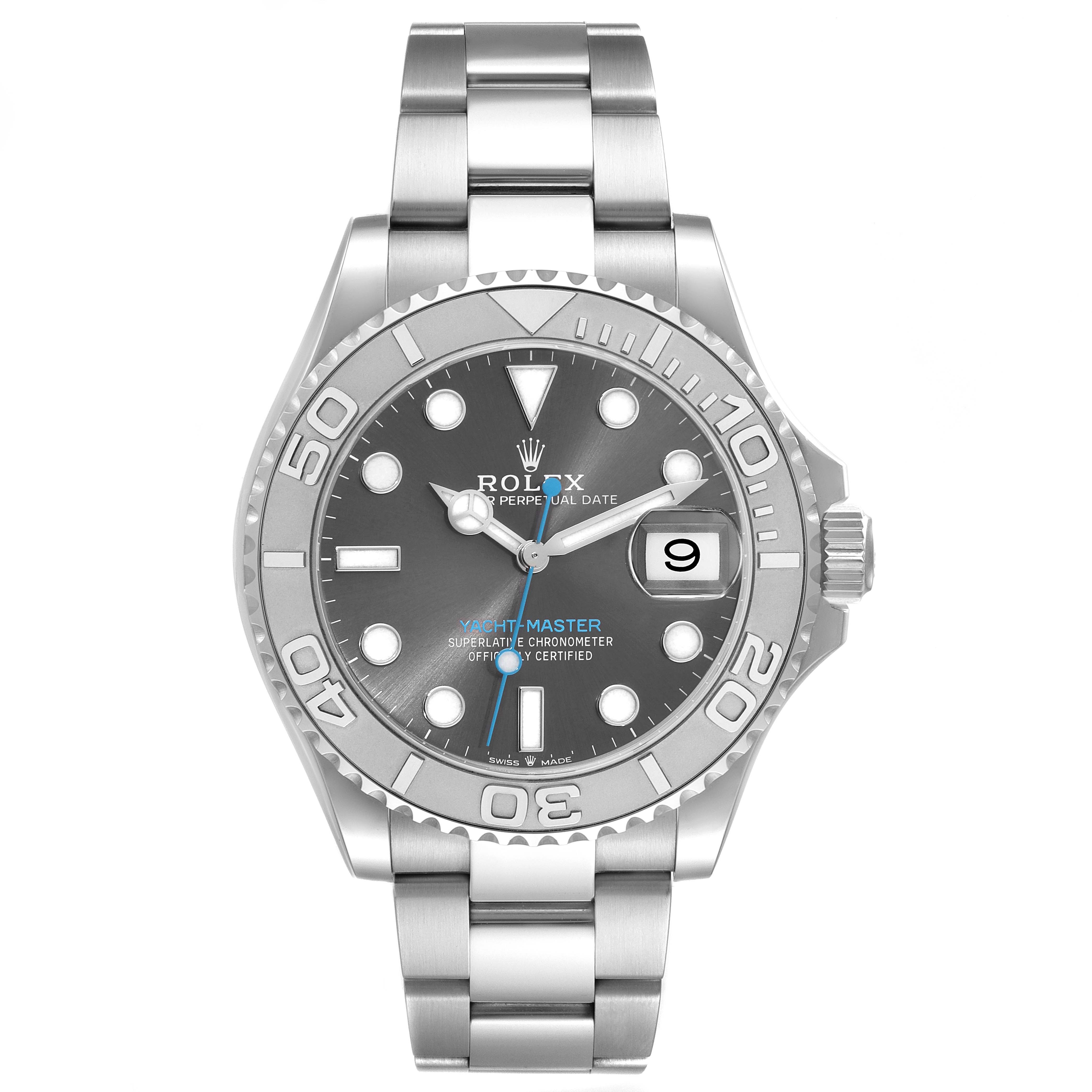 This image shows a front view of a Rolex Yacht-Master 126622 Men's Stainless Steel Grey Dial 126622 Men's Stainless Steel Grey Dial watch, highlighting its dial, bezel, and bracelet.