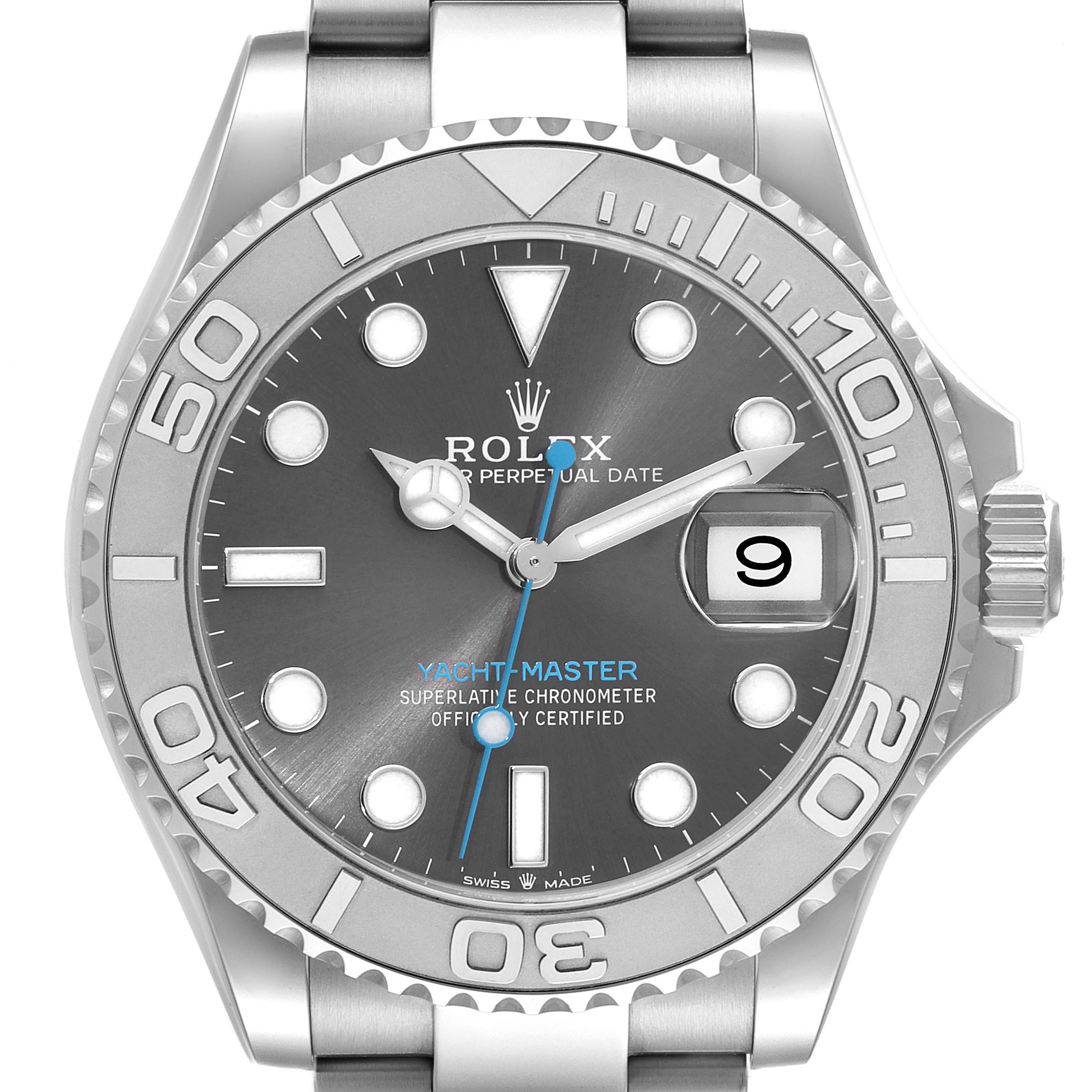 The image shows a front view of a Rolex Yacht-Master 126622 Men's Stainless Steel Grey Dial 126622 Men's Stainless Steel Grey Dial watch, displaying the dial, hands, and bezel details.