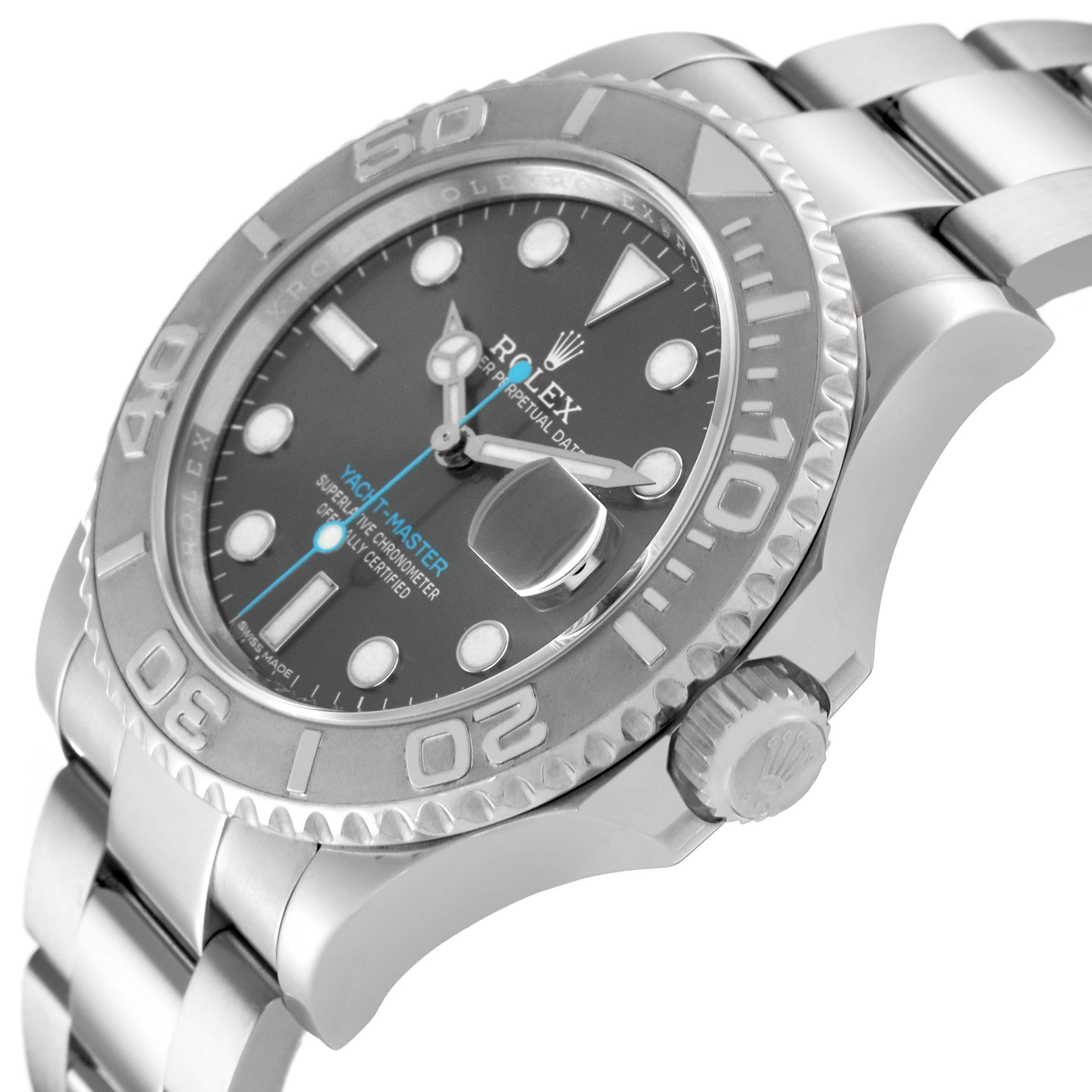 The Rolex Yacht-Master 116622 Men's Stainless Steel Silver Dial is shown at an angle highlighting the dial, bezel, bracelet, and crown.